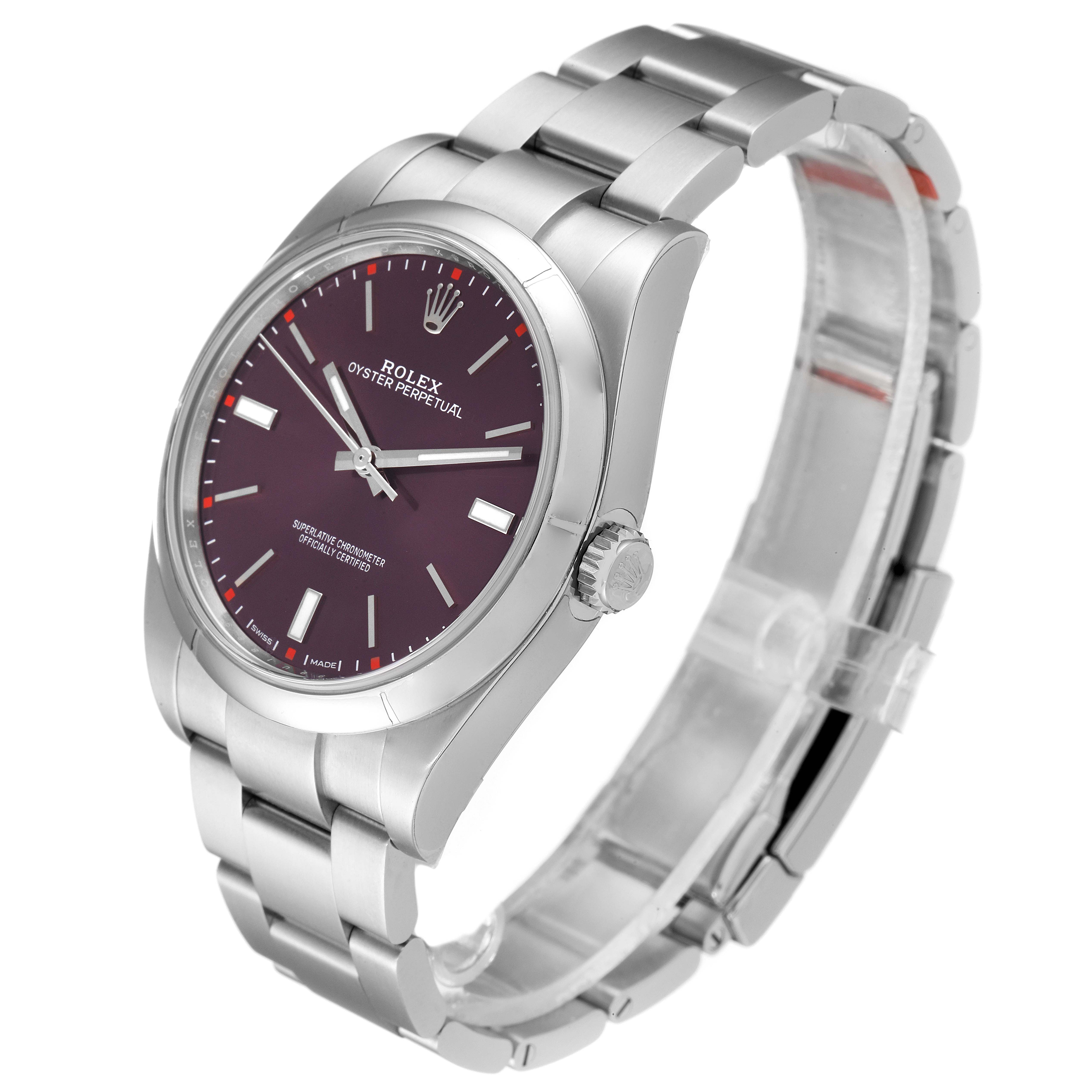 The image shows a Rolex Oyster Perpetual 114300 Men's Stainless Steel Burgundy Dial 114300 Men's Stainless Steel Burgundy Dial watch at a three-quarter angle displaying the watch face, crown, and bracelet.
