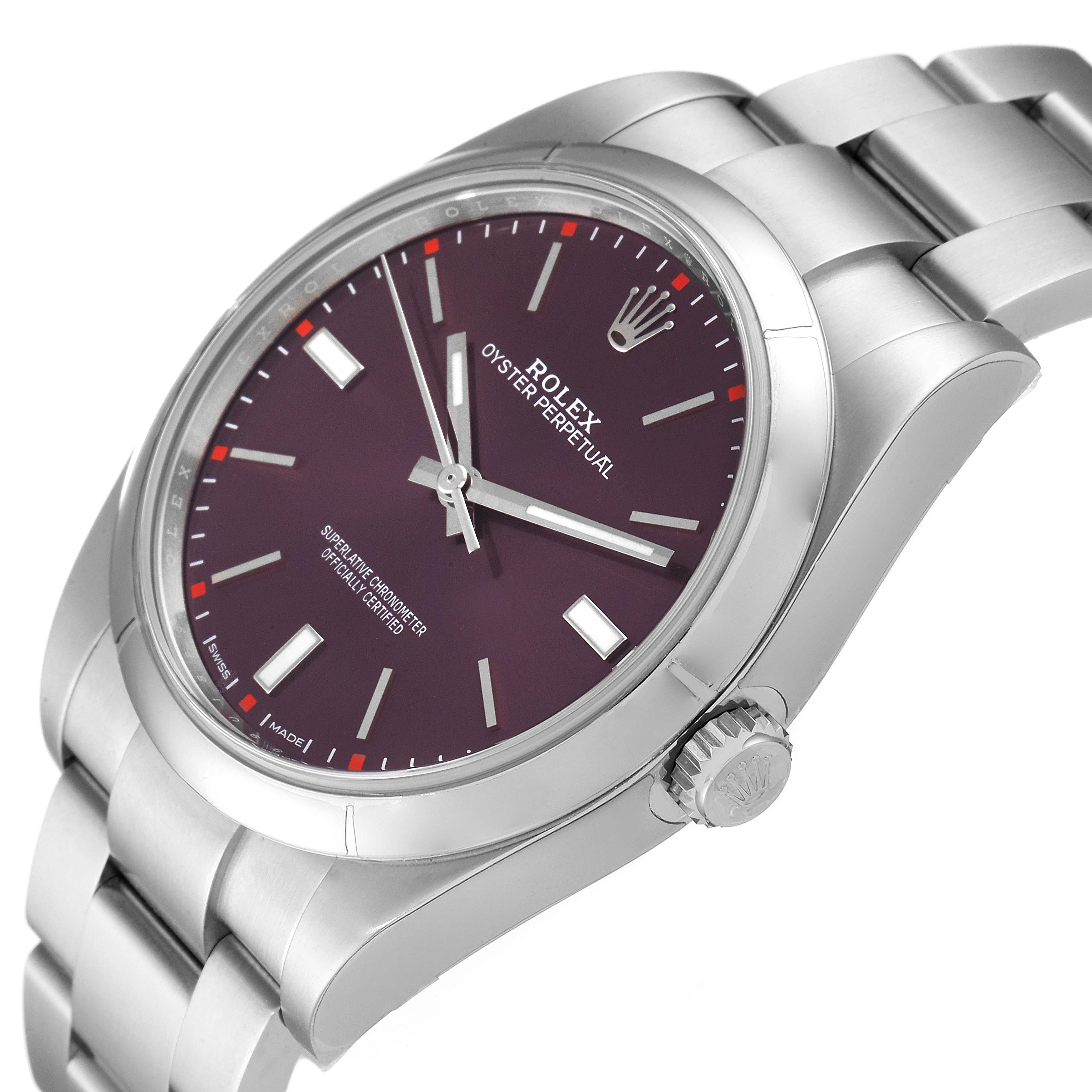 The Rolex Oyster Perpetual 114300 Men's Stainless Steel Burgundy Dial 114300 Men's Stainless Steel Burgundy Dial watch is shown at a slight angle, featuring the dial, crown, and part of the bracelet.