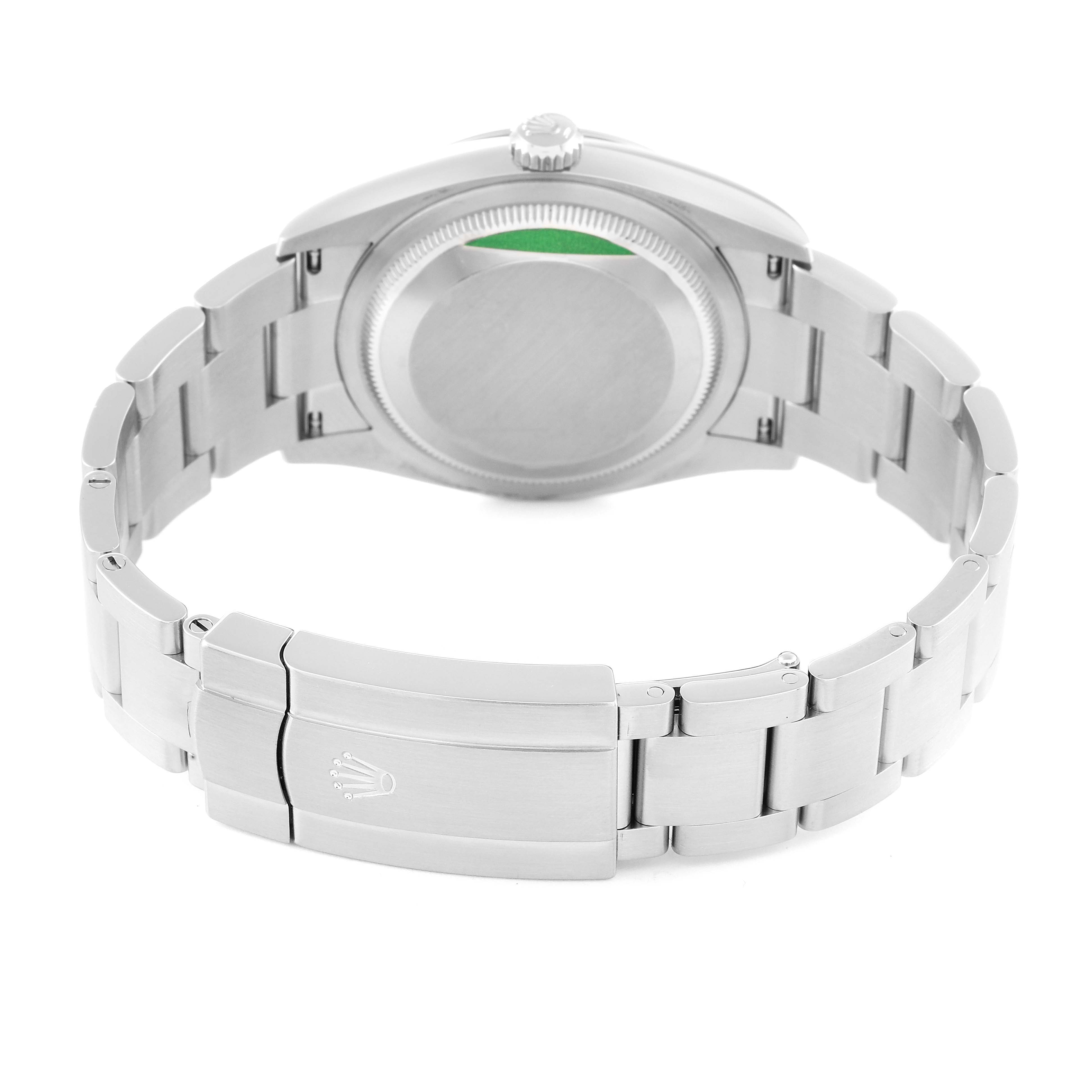 This image shows the case back and bracelet clasp of a Rolex Oyster Perpetual 126000 Men
s Stainless Steel Blue Dial 126000 Men
s Stainless Steel Blue Dial watch from a rear angle.