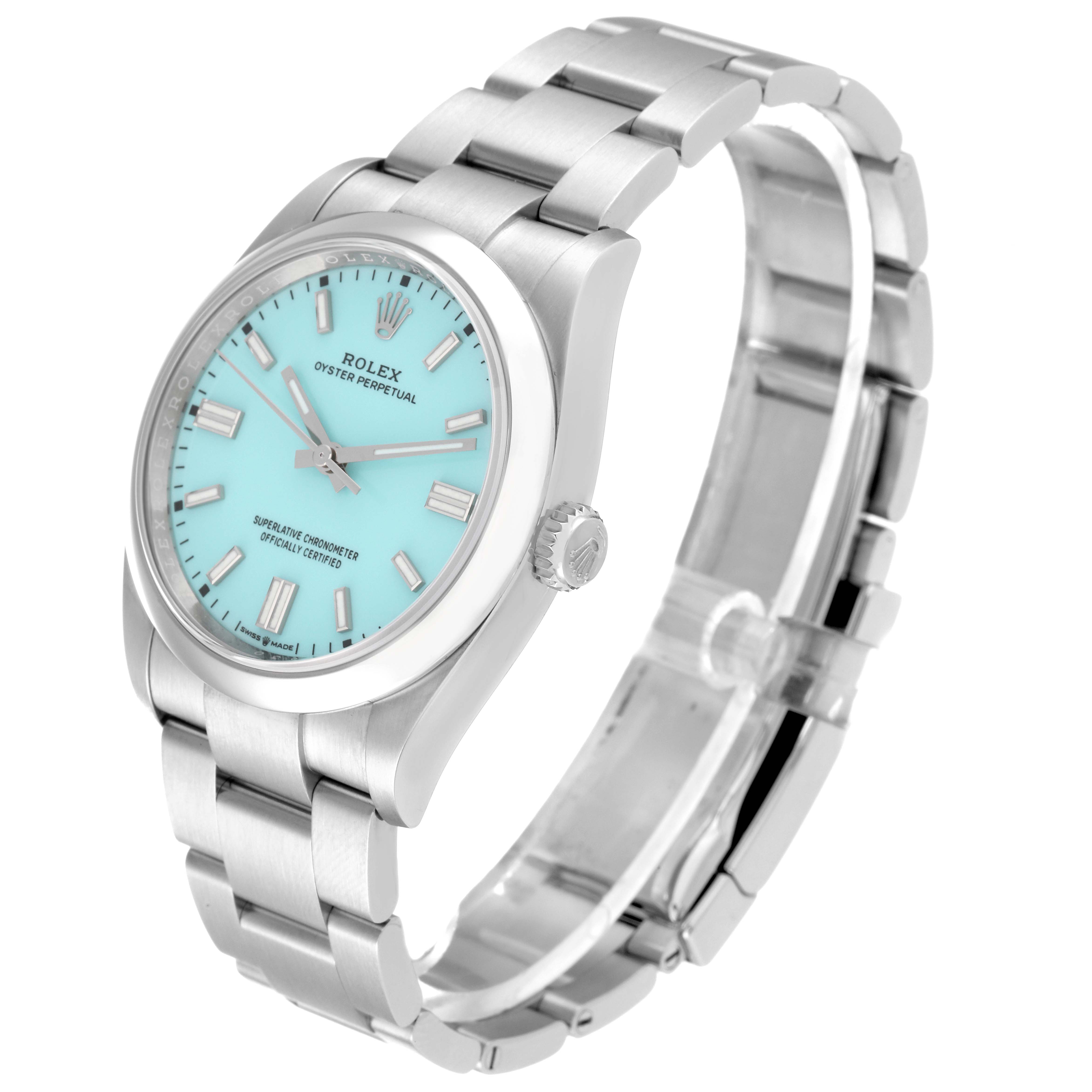 This image shows the front and side view of a Rolex Oyster Perpetual 126000 Men
s Stainless Steel Blue Dial 126000 Men
s Stainless Steel Blue Dial watch, highlighting its turquoise dial and stainless steel bracelet.