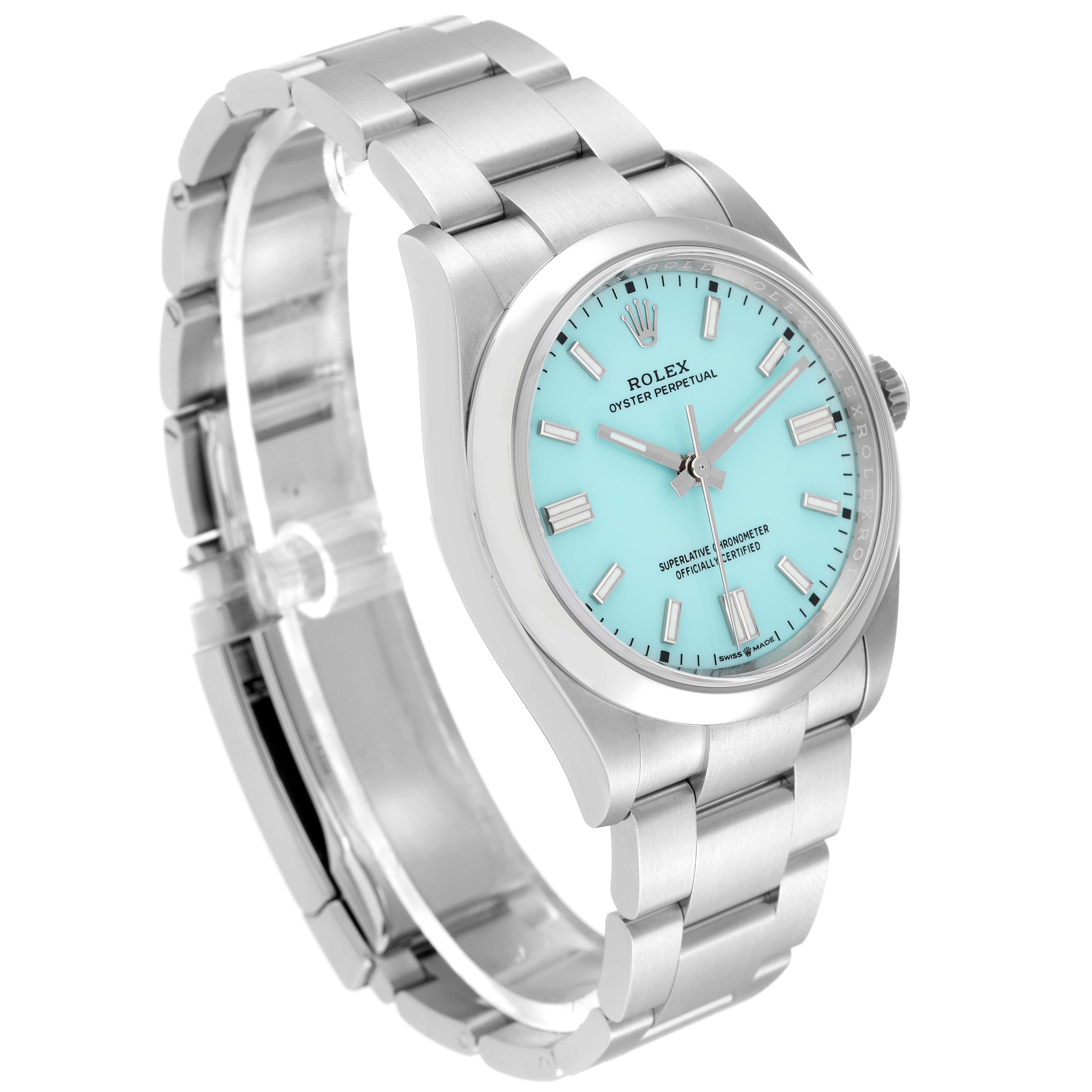 The image shows a side and frontal view of a Rolex Oyster Perpetual 126000 Men
s Stainless Steel Blue Dial 126000 Men
s Stainless Steel Blue Dial watch with a turquoise dial and a silver bracelet.