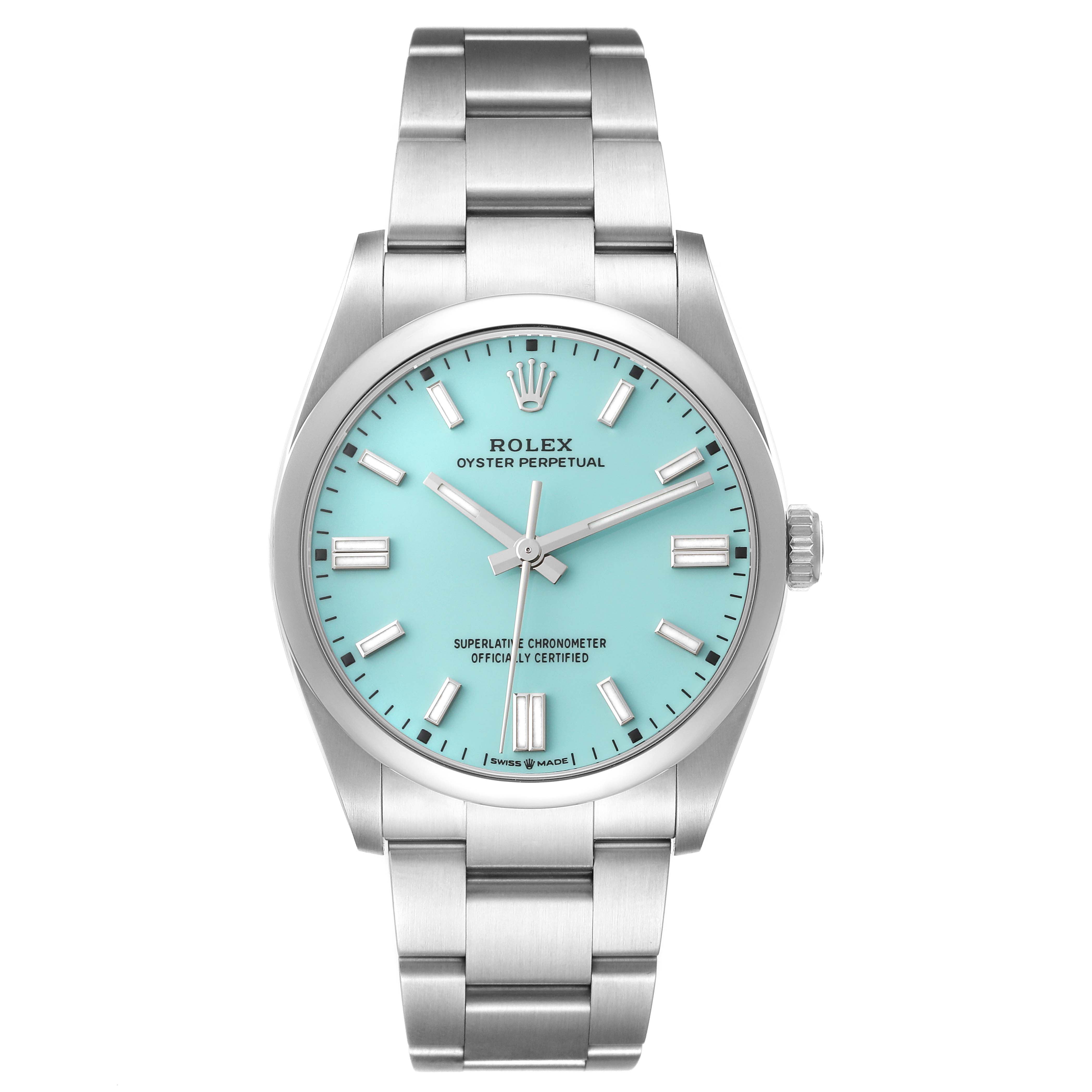 The image shows a front view of the Rolex Oyster Perpetual 126000 Men
s Stainless Steel Blue Dial 126000 Men
s Stainless Steel Blue Dial watch with a turquoise dial and stainless steel bracelet.