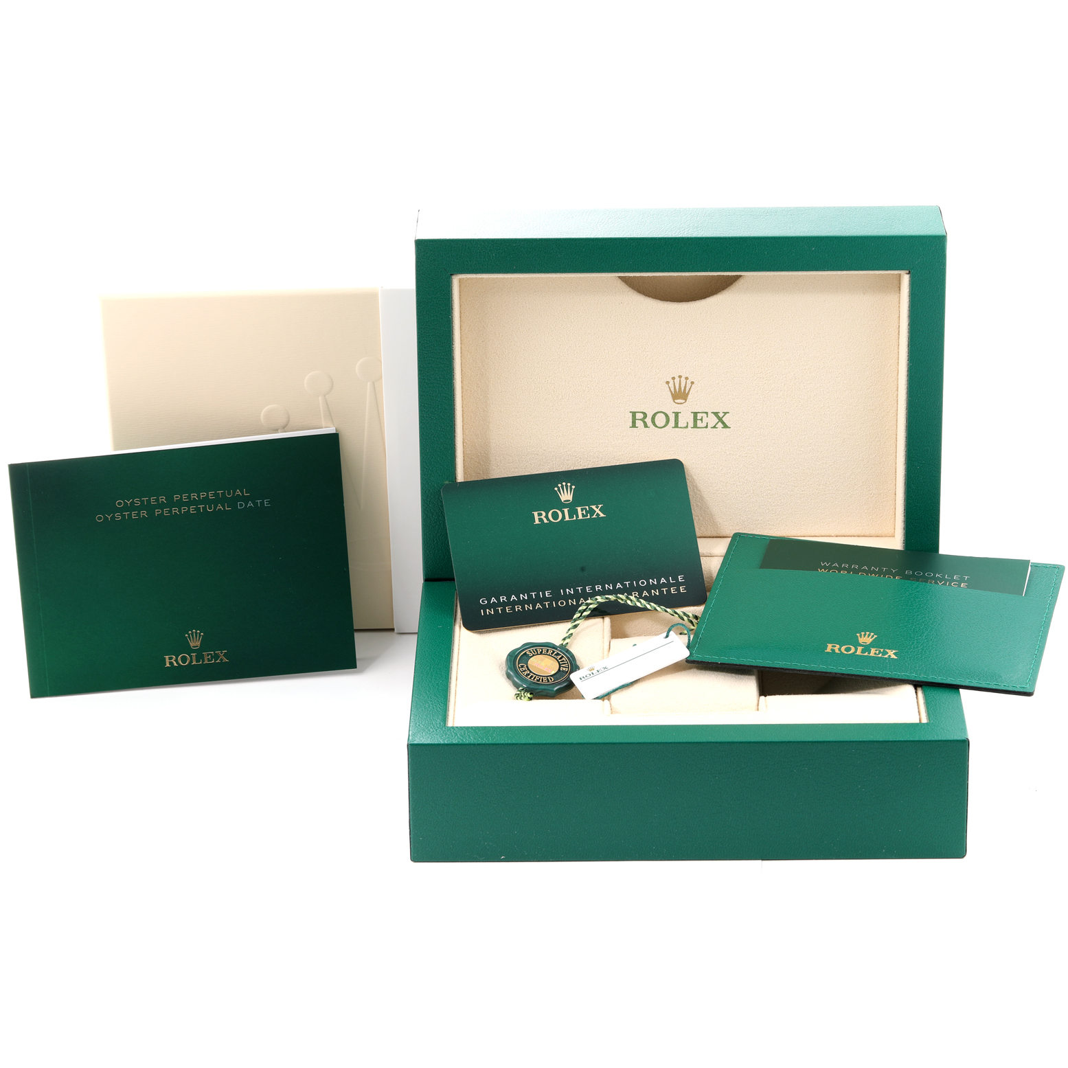 The image shows the packaging, warranty card, booklets, and accessories for the Rolex Oyster Perpetual 126000 Men
s Stainless Steel Blue Dial 126000 Men
s Stainless Steel Blue Dial watch.