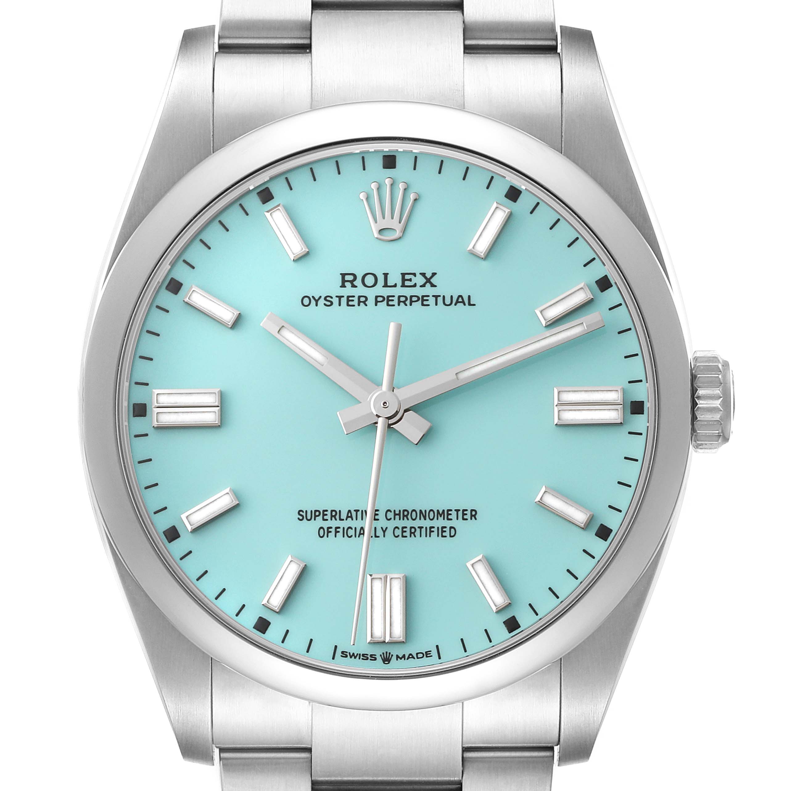 The image shows a front view of a Rolex Oyster Perpetual 126000 Men
s Stainless Steel Blue Dial 126000 Men
s Stainless Steel Blue Dial watch with a turquoise dial and a stainless steel bracelet.