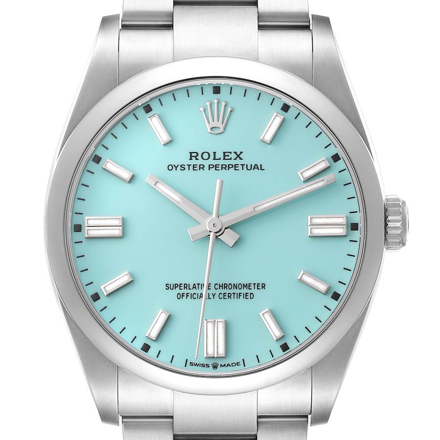 Rolex Oyster Perpetual Turquoise Blue Dial Steel Mens Watch 126000 Unworn SwissWatchExpo