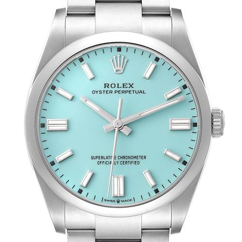 Photo of Rolex Oyster Perpetual Turquoise Blue Dial Steel Mens Watch 126000 Unworn