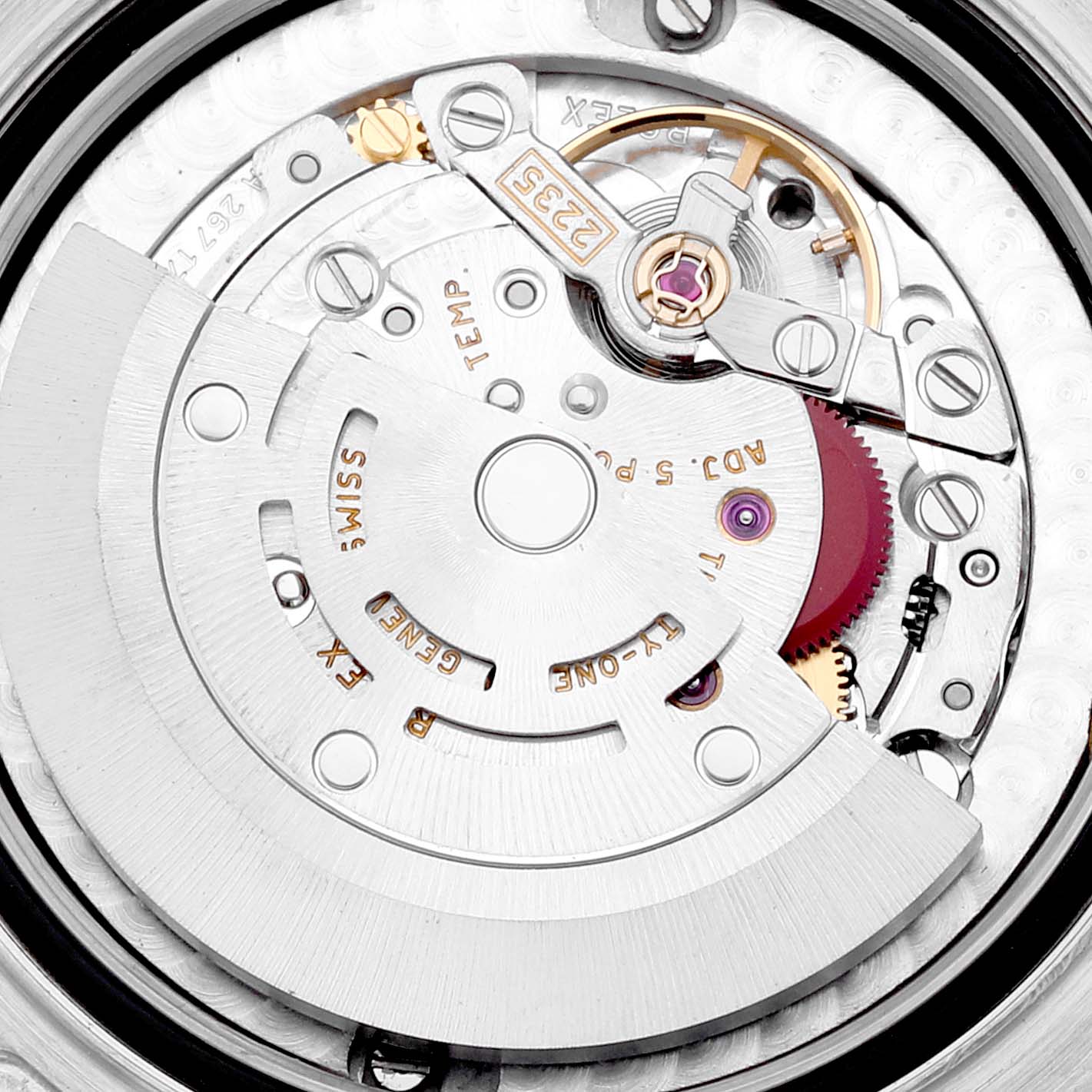 The image shows the intricate mechanical movement of a Rolex Pearlmaster 81339 Women's White Gold Mother of Pearl Dial 81339 Women's White Gold Mother of Pearl Dial watch from a top-down angle.