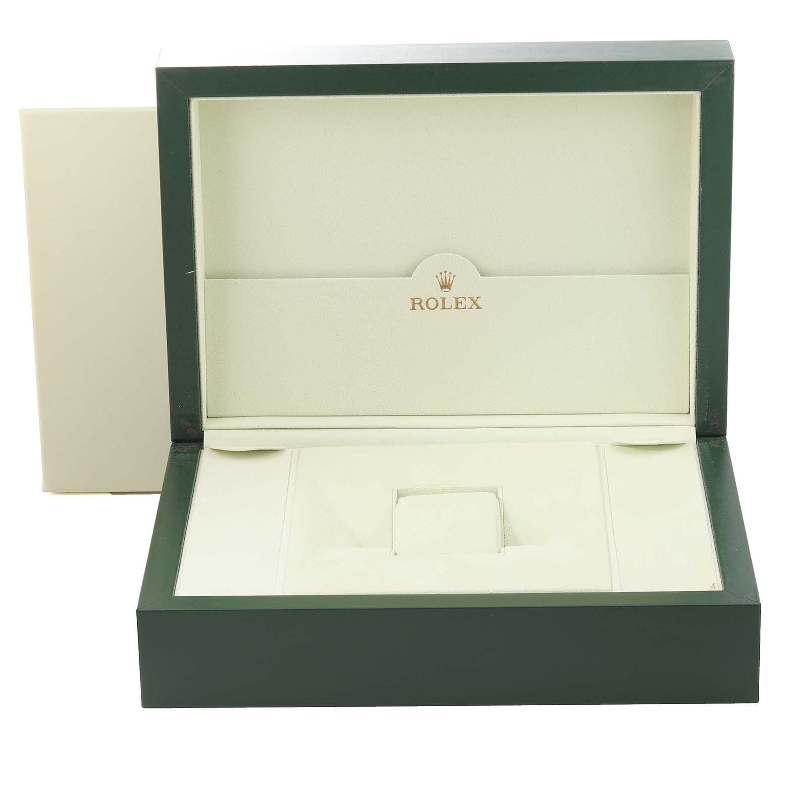 This image shows an open Rolex box for the Pearlmaster model, displaying the interior pillars and cushioned watch holder.