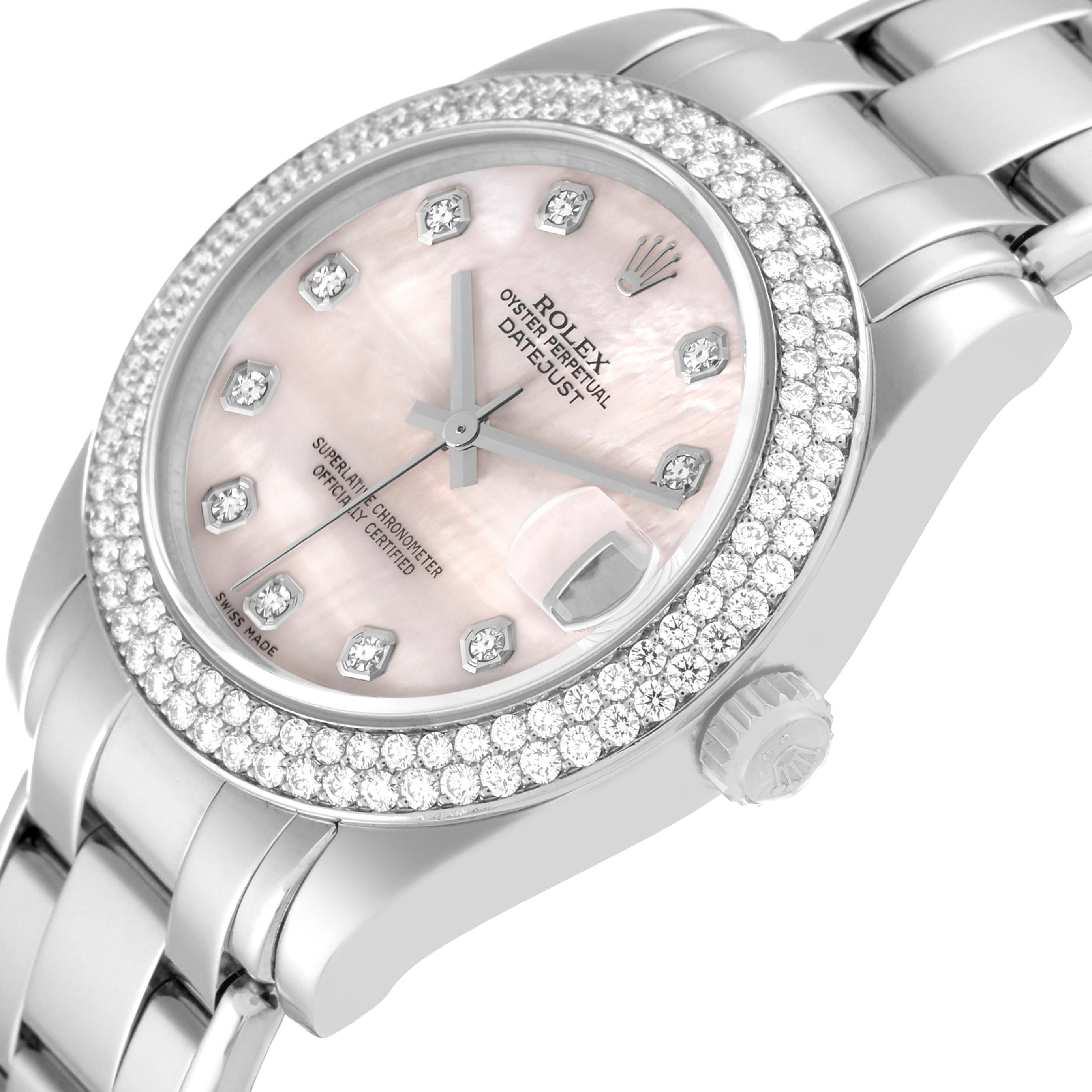This image shows a close-up, angled view of the Rolex Pearlmaster 81339 Women's White Gold Mother of Pearl Dial 81339 Women's White Gold Mother of Pearl Dial, highlighting its face, bezel, and part of the bracelet.