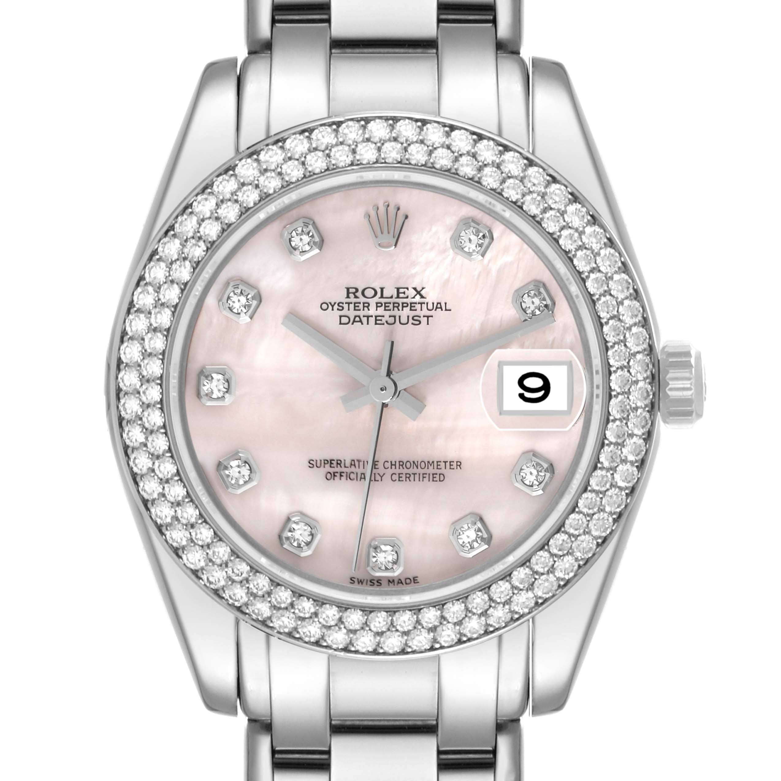 The image shows a front view of a Rolex Pearlmaster 81339 Women's White Gold Mother of Pearl Dial 81339 Women's White Gold Mother of Pearl Dial watch, highlighting its diamond-set bezel, pink mother-of-pearl dial, and date window.