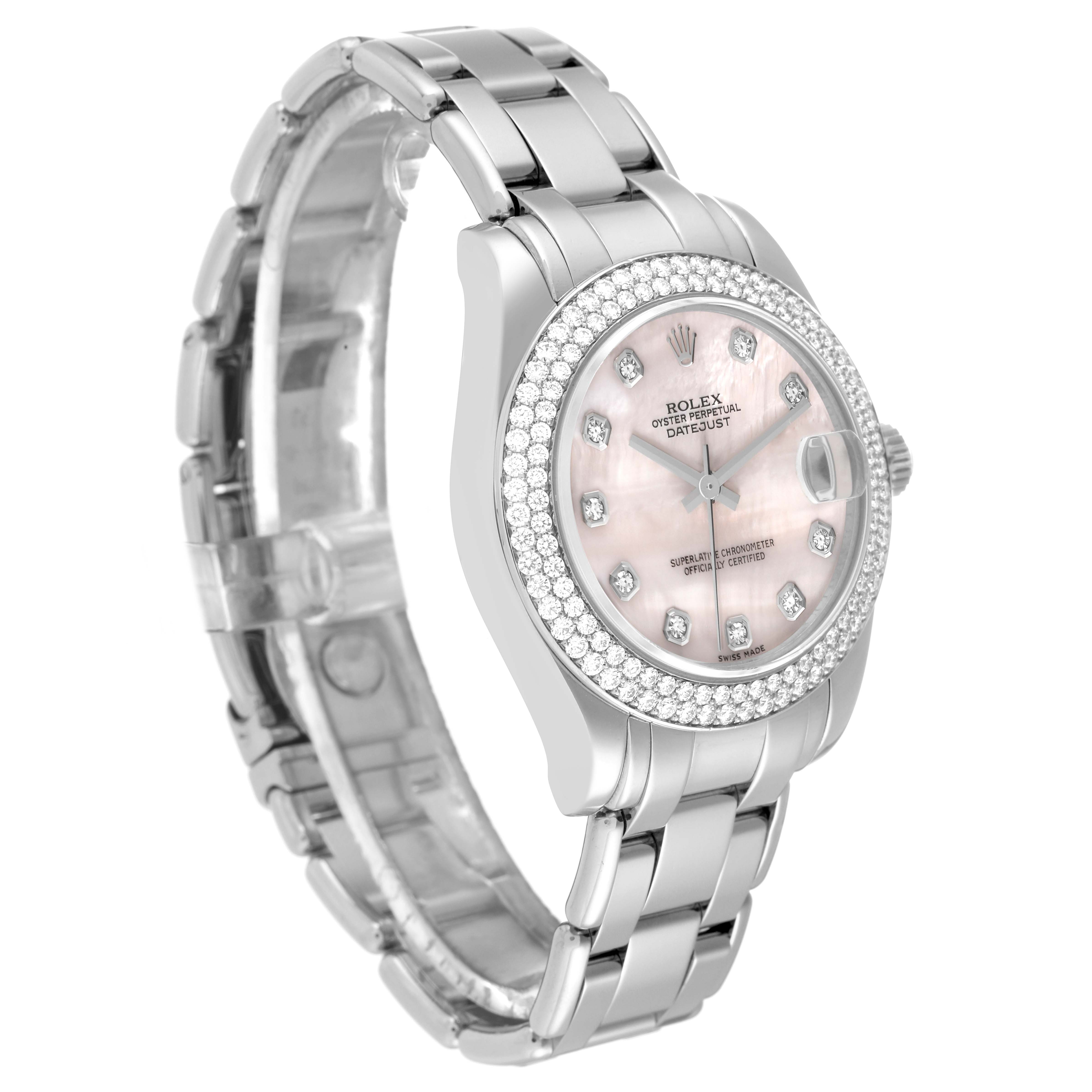 The image shows a Rolex Pearlmaster 81339 Women's White Gold Mother of Pearl Dial 81339 Women's White Gold Mother of Pearl Dial watch at an angled front view, highlighting the dial, bezel, and part of the bracelet.