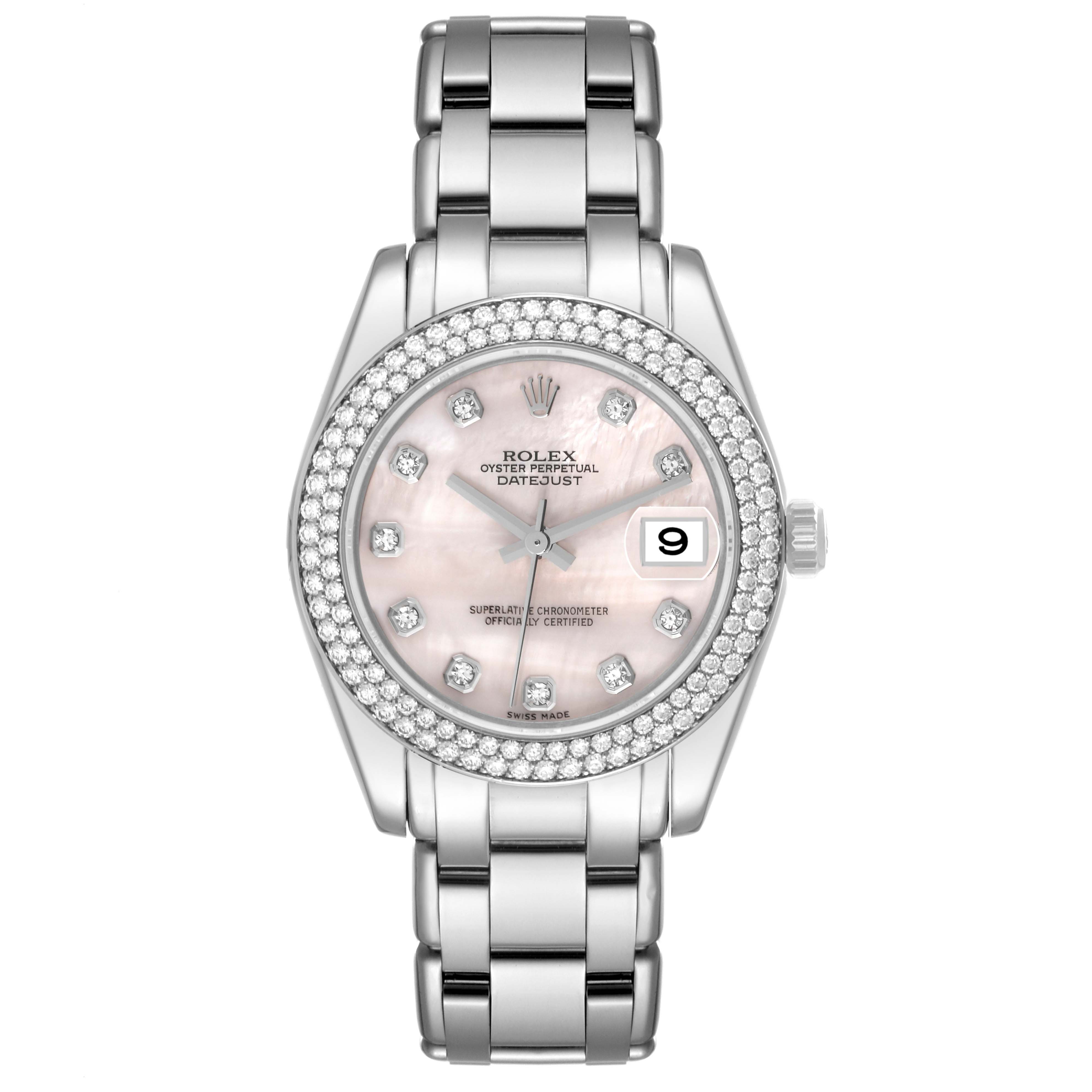 The image shows a frontal view of the Rolex Pearlmaster 81339 Women's White Gold Mother of Pearl Dial 81339 Women's White Gold Mother of Pearl Dial watch, highlighting the dial, bezel, and bracelet.