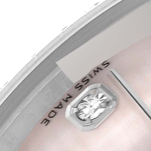 The image shows a close-up of the dial on a Rolex Pearlmaster 81339 Women's White Gold Mother of Pearl Dial 81339 Women's White Gold Mother of Pearl Dial watch, featuring a diamond marker and part of the bezel.
