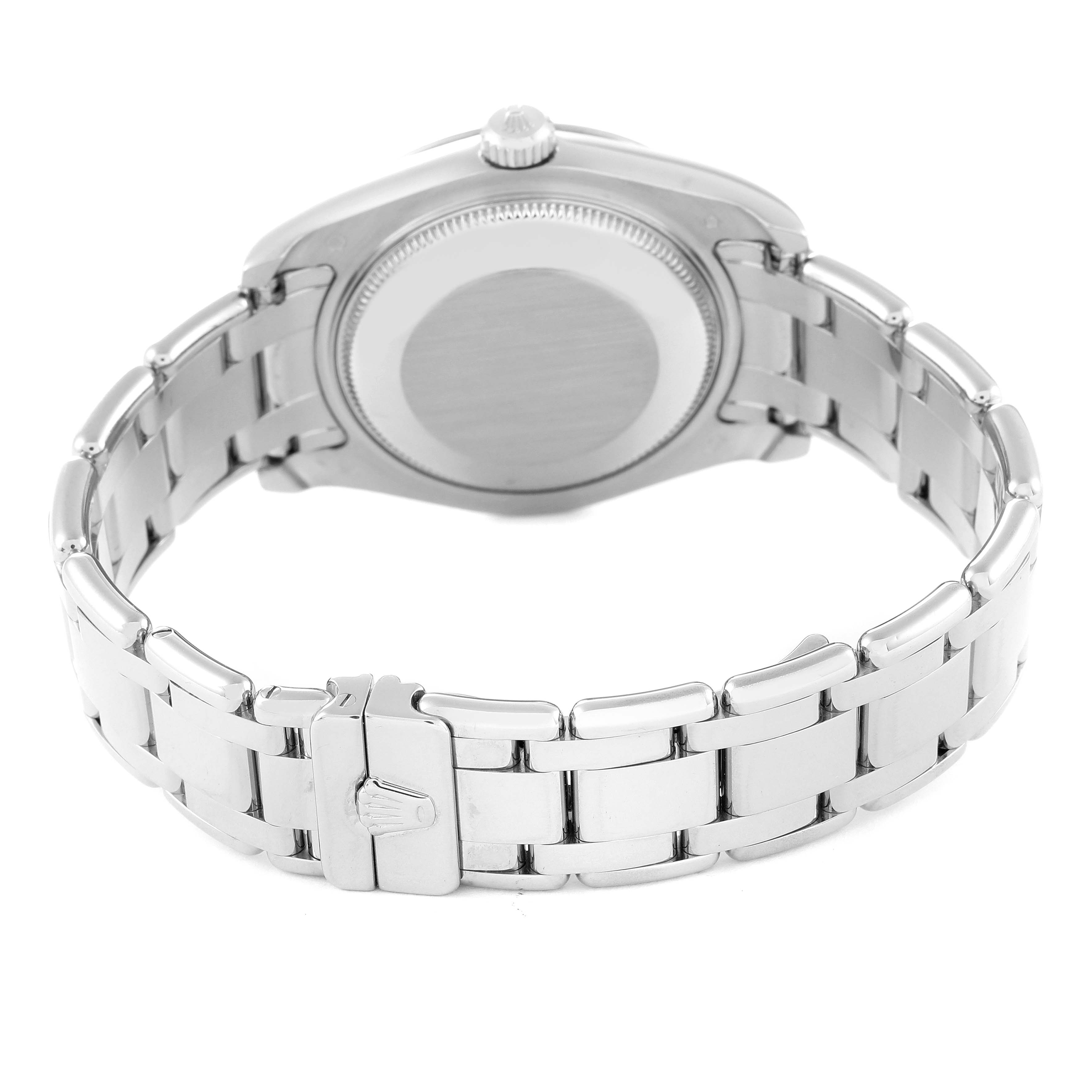 This image shows the back view of a Rolex Pearlmaster 81339 Women's White Gold Mother of Pearl Dial 81339 Women's White Gold Mother of Pearl Dial watch, focusing on the case, crown, and bracelet.