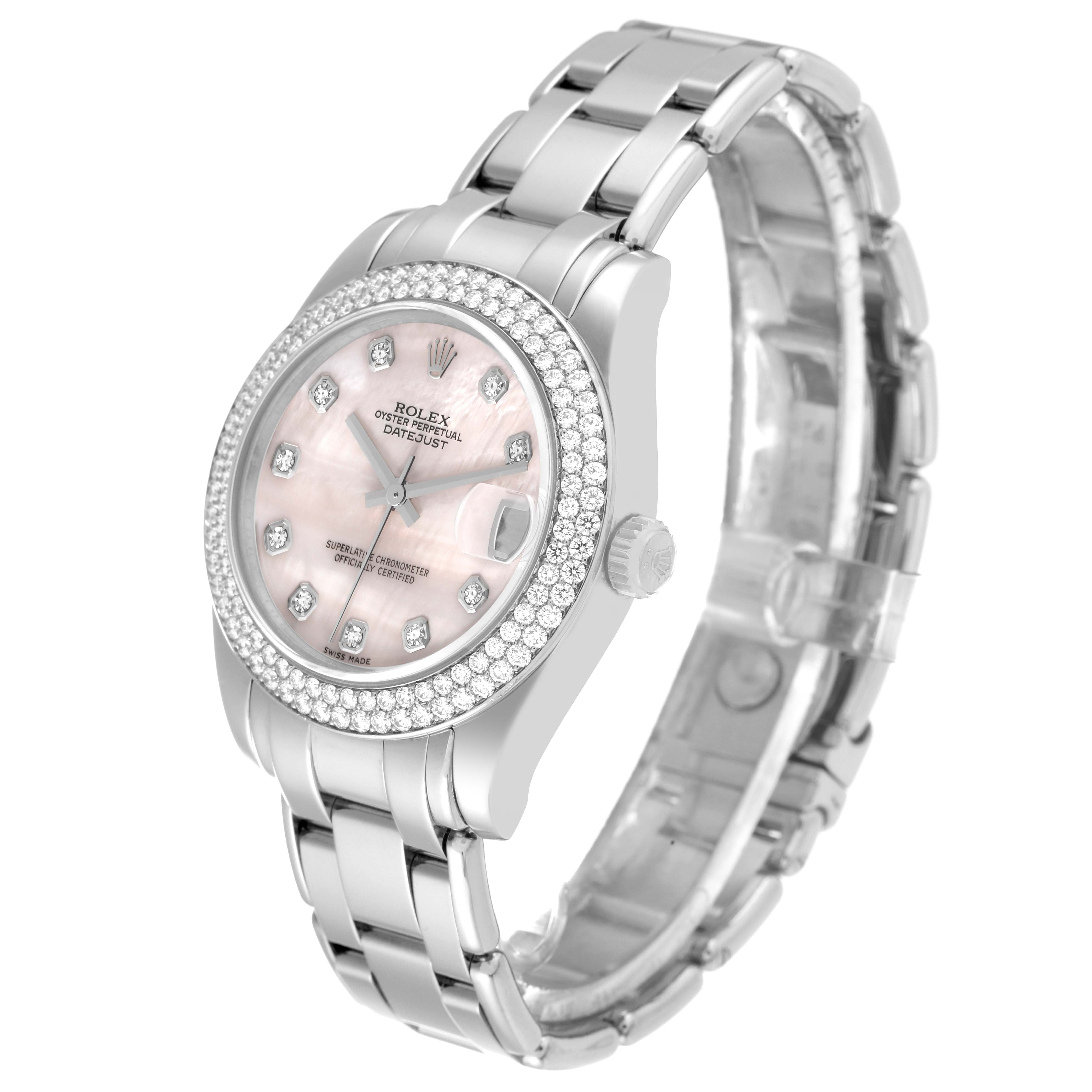 This image shows a Rolex Pearlmaster 81339 Women's White Gold Mother of Pearl Dial 81339 Women's White Gold Mother of Pearl Dial watch at a three-quarter angle, displaying the full face, dial, bezel, crown, and bracelet.
