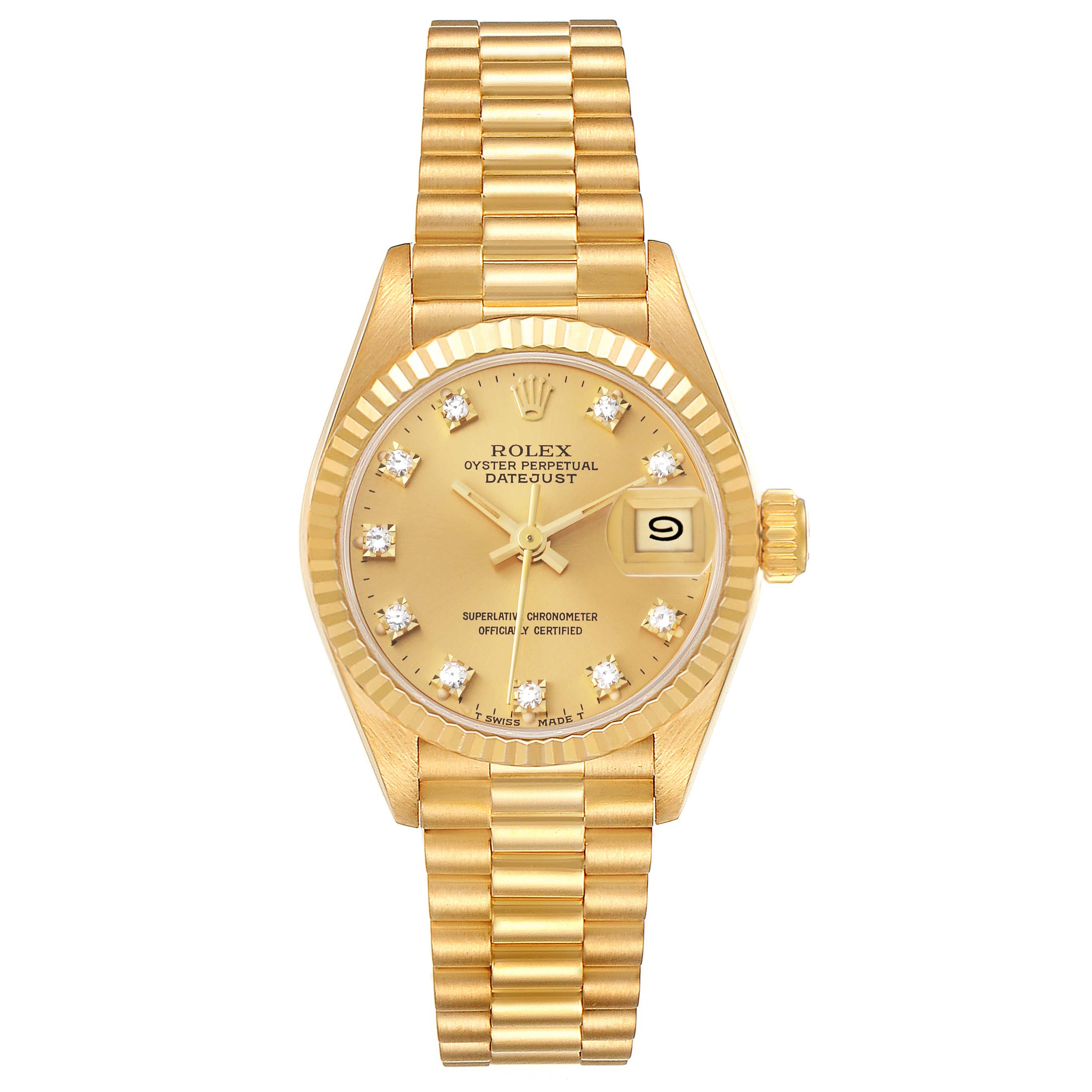 The Rolex President 69178 Women
s Yellow Gold Champagne Dial 69178 Women
s Yellow Gold Champagne Dial model watch is shown from a top-down angle, displaying its face, bracelet, and crown.