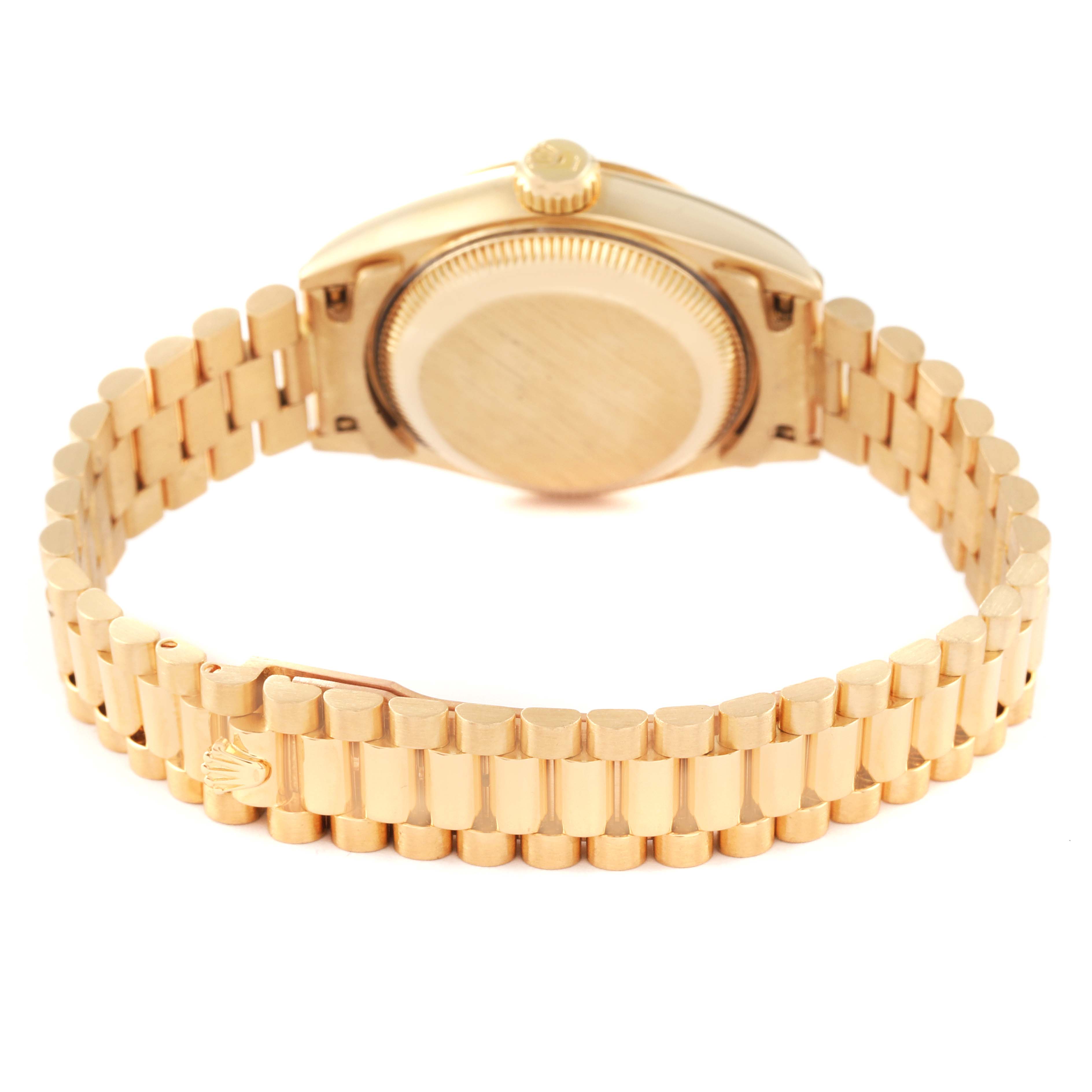 The image shows the back and bracelet of the Rolex President 69178 Women
s Yellow Gold Champagne Dial 69178 Women
s Yellow Gold Champagne Dial model watch from a rear angle.