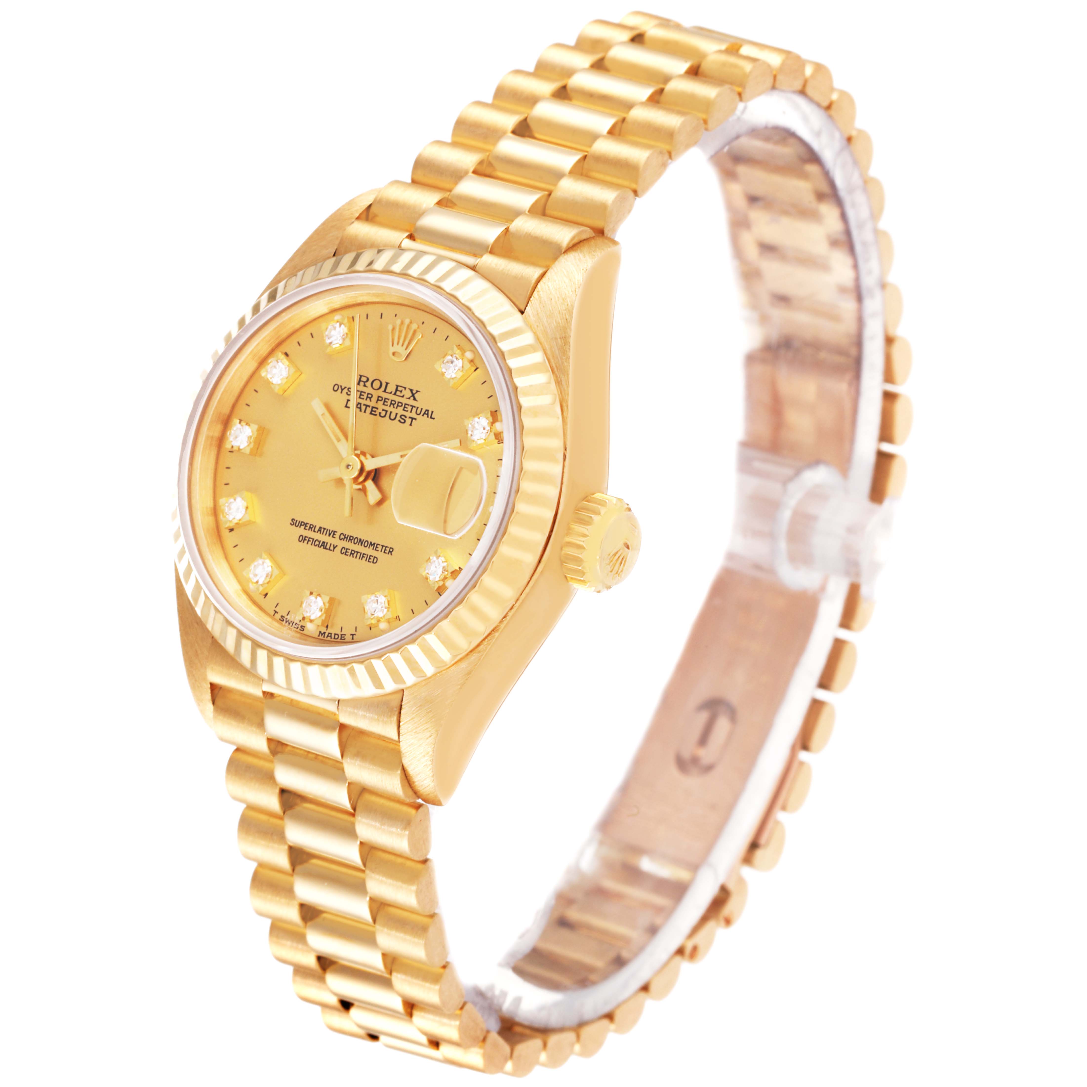 This image shows a side angle view of a gold Rolex President 69178 Women
s Yellow Gold Champagne Dial 69178 Women
s Yellow Gold Champagne Dial model watch, displaying its dial, bracelet, and crown.