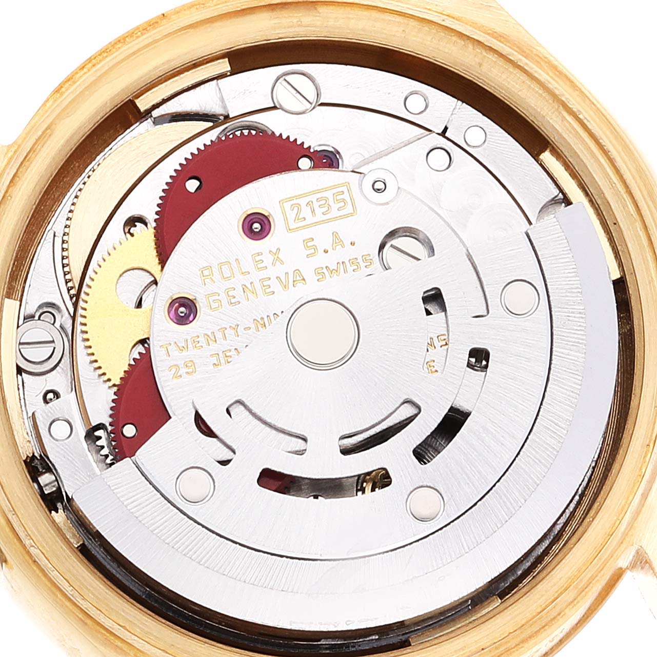 This image shows the internal mechanism of a Rolex President 69178 Women
s Yellow Gold Champagne Dial 69178 Women
s Yellow Gold Champagne Dial model watch, focusing on the movement and gears.