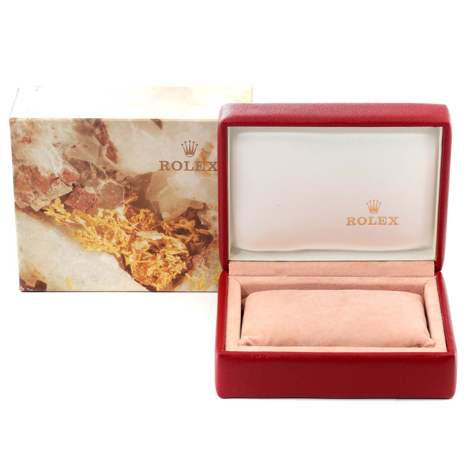 This image shows an empty red Rolex President 69178 Women
s Yellow Gold Champagne Dial 69178 Women
s Yellow Gold Champagne Dial watch box with a cushioned interior and an outer cardboard box.