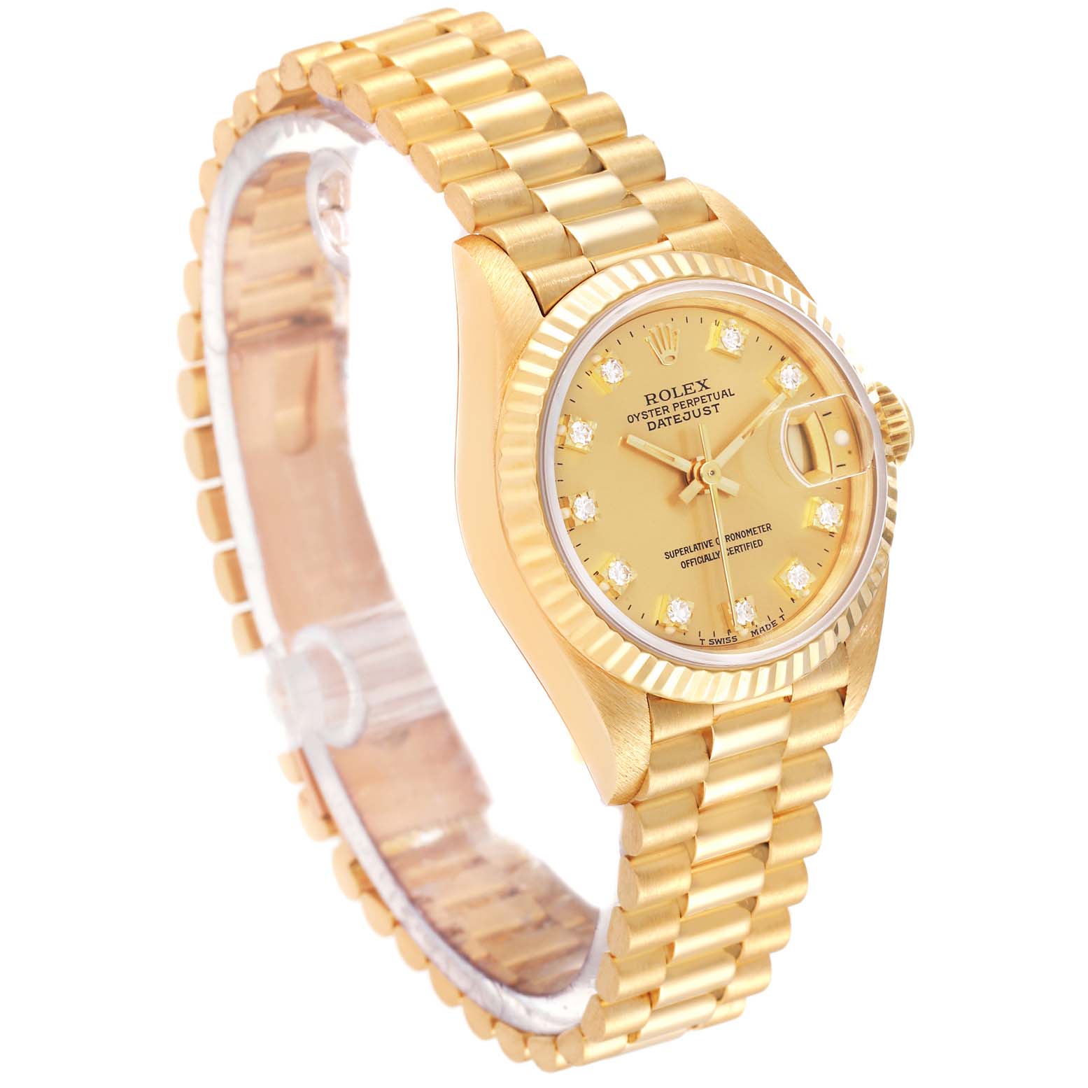 The image shows a side view of a Rolex President 69178 Women
s Yellow Gold Champagne Dial 69178 Women
s Yellow Gold Champagne Dial model watch, highlighting the gold bracelet and detailed face.