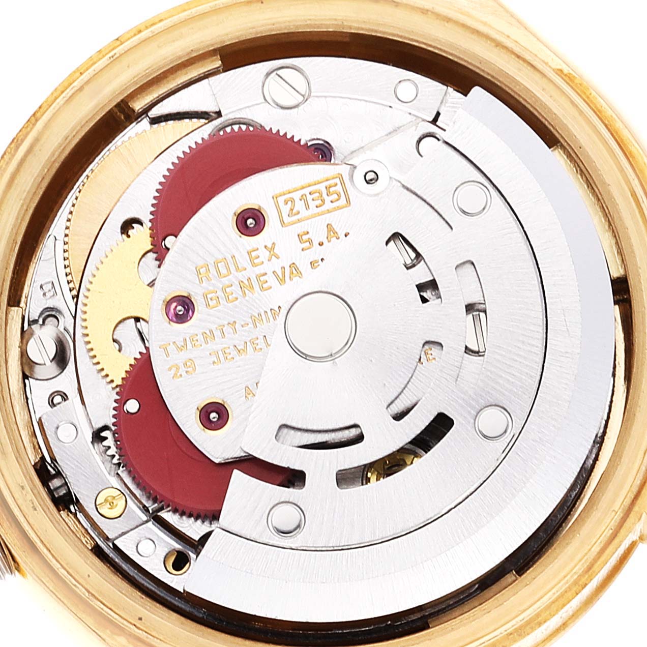 This image shows the internal mechanism of a Rolex President 69178 Women
s Yellow Gold Champagne Dial 69178 Women
s Yellow Gold Champagne Dial model watch from a top-down angle.