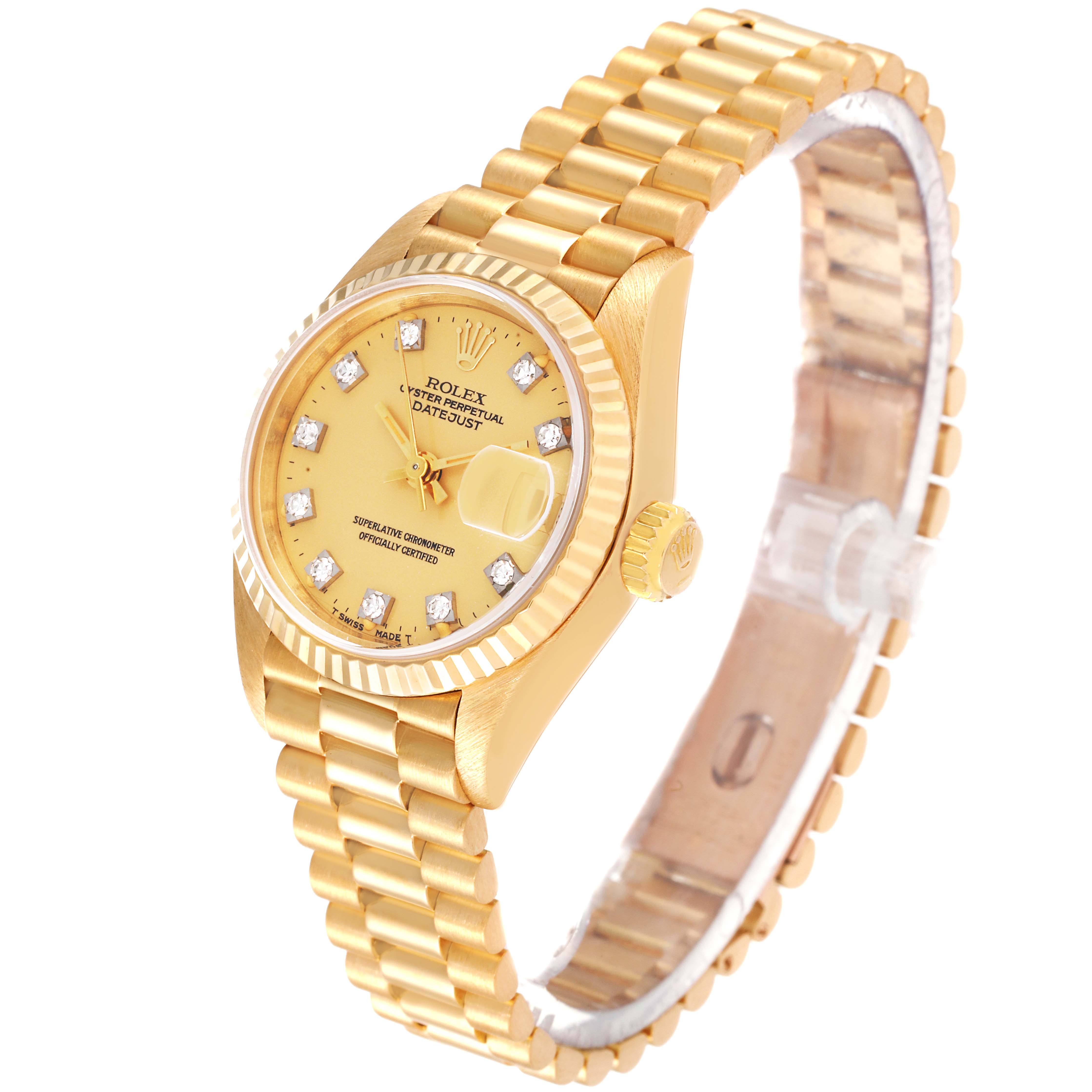 The Rolex President 69178 Women
s Yellow Gold Champagne Dial 69178 Women
s Yellow Gold Champagne Dial model watch is shown at a 3/4 angle view, highlighting the face, band, and crown.