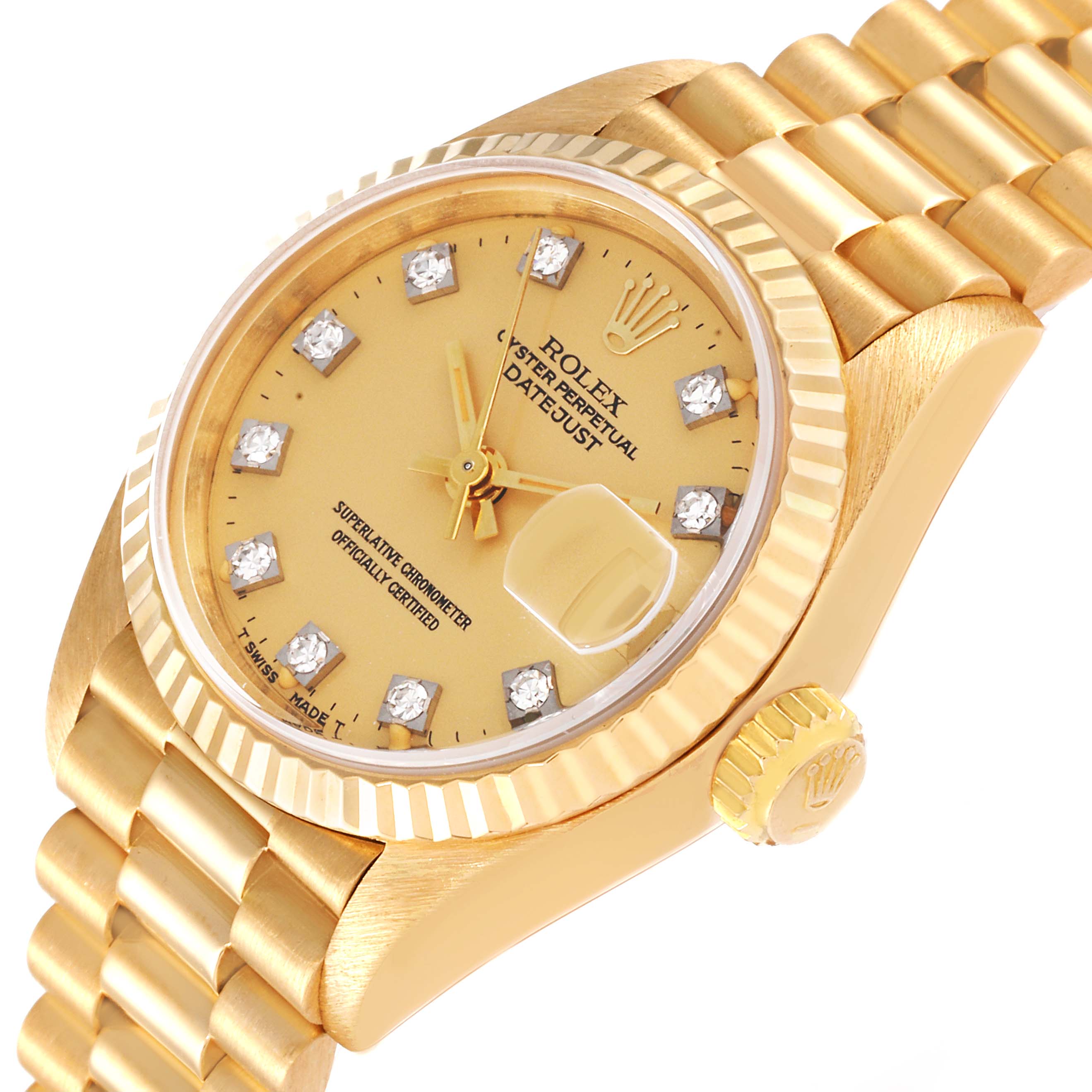 This image shows a side angle of the Rolex President 69178 Women
s Yellow Gold Champagne Dial 69178 Women
s Yellow Gold Champagne Dial model, highlighting the dial, bezel, crown, and part of the bracelet.