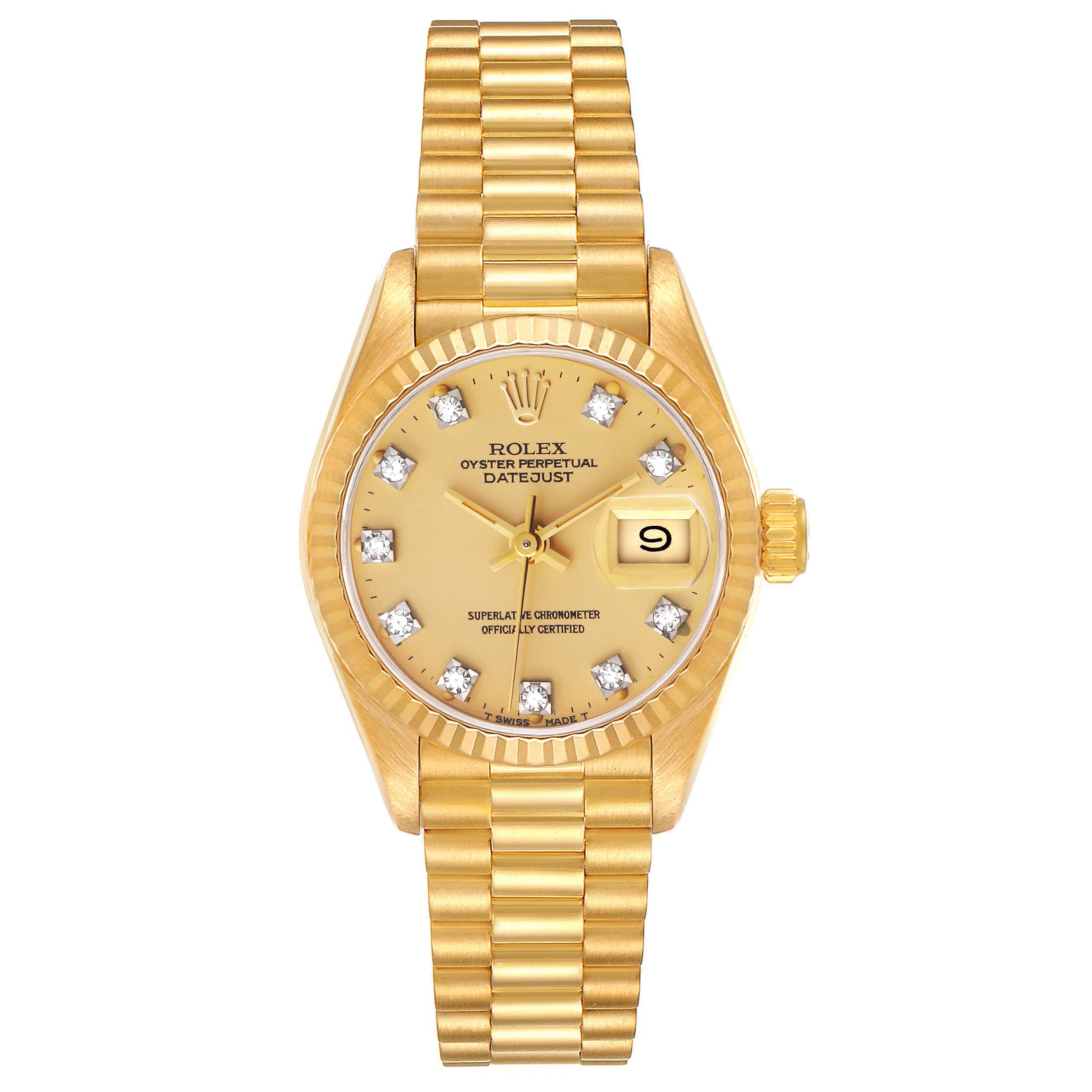 The image shows a frontal view of a Rolex President 69178 Women
s Yellow Gold Champagne Dial 69178 Women
s Yellow Gold Champagne Dial model watch, highlighting its gold case, band, and diamond hour markers.