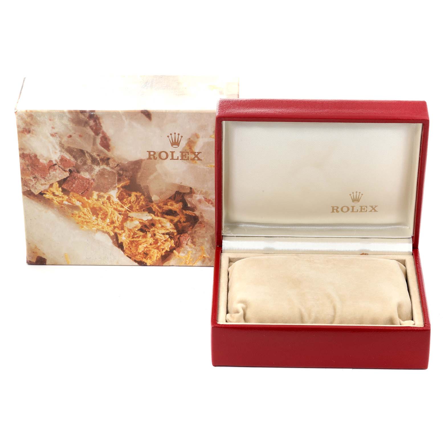 This image shows the packaging of a Rolex President 69178 Women
s Yellow Gold Champagne Dial 69178 Women
s Yellow Gold Champagne Dial model watch, including the outer box and the opened inner red leather case with a cushion.