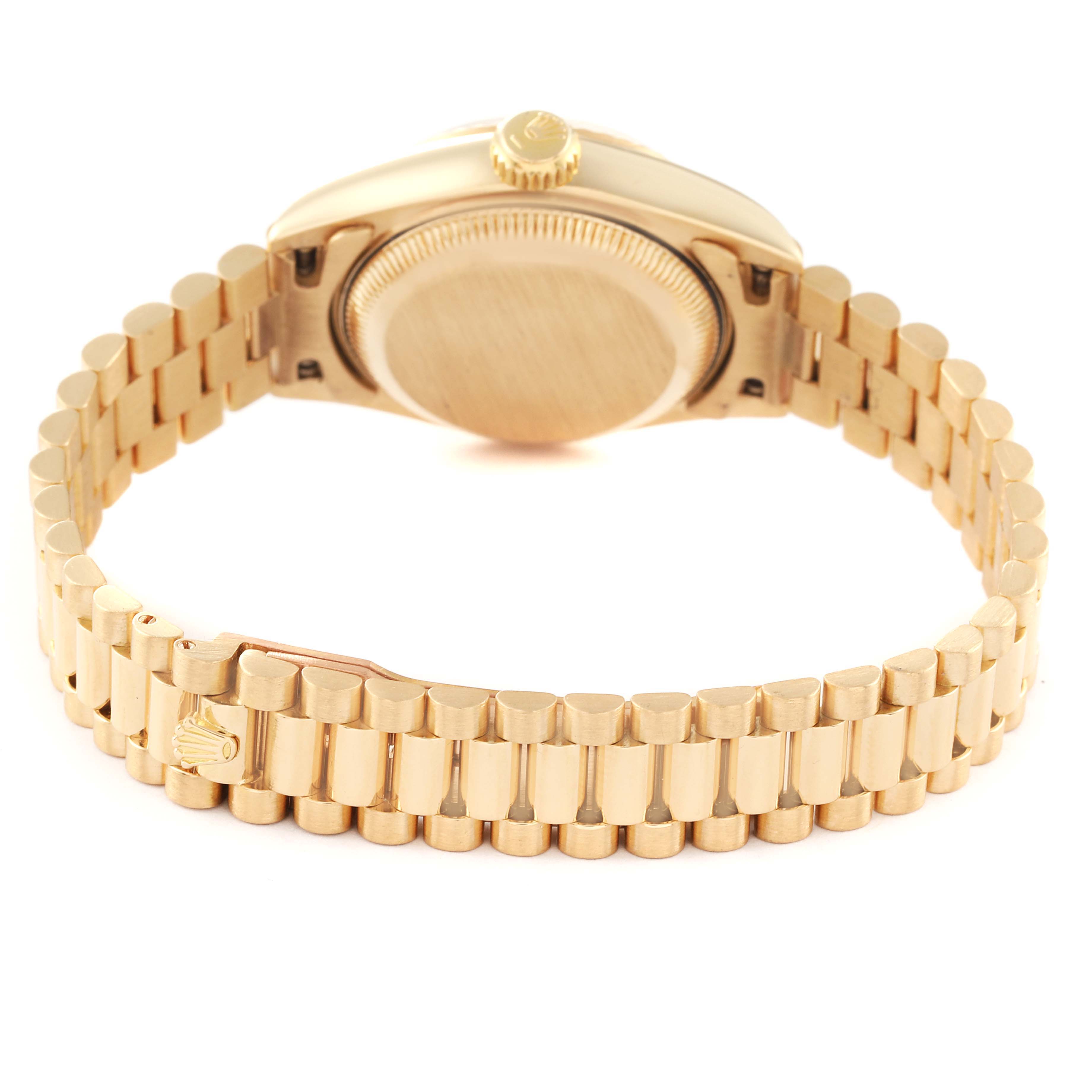 This image shows the back view of a Rolex President 69178 Women
s Yellow Gold Champagne Dial 69178 Women
s Yellow Gold Champagne Dial model watch, highlighting its bracelet and case back.