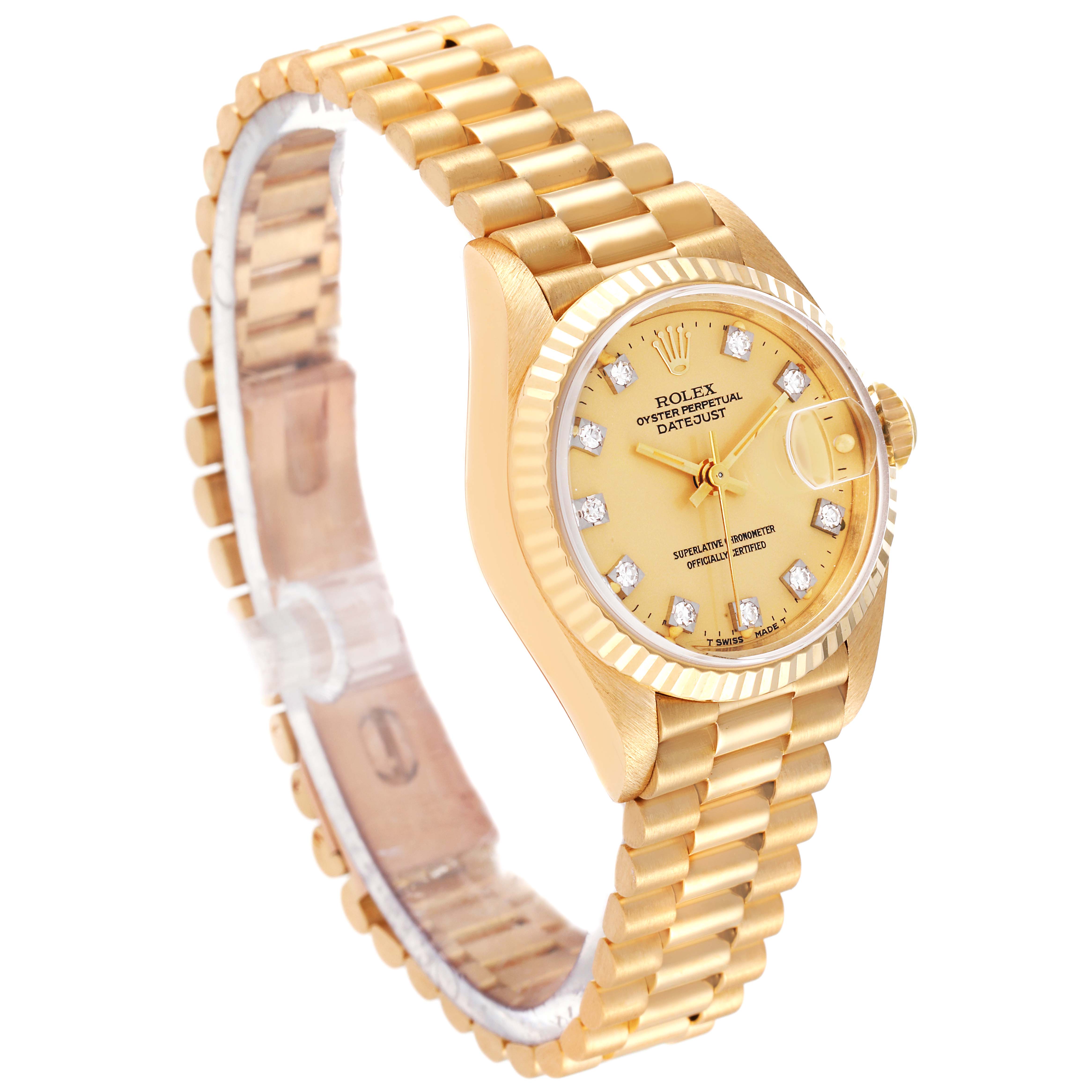 The image shows a gold Rolex President 69178 Women
s Yellow Gold Champagne Dial 69178 Women
s Yellow Gold Champagne Dial Datejust watch at a three-quarter angle, highlighting the dial, fluted bezel, and President bracelet.