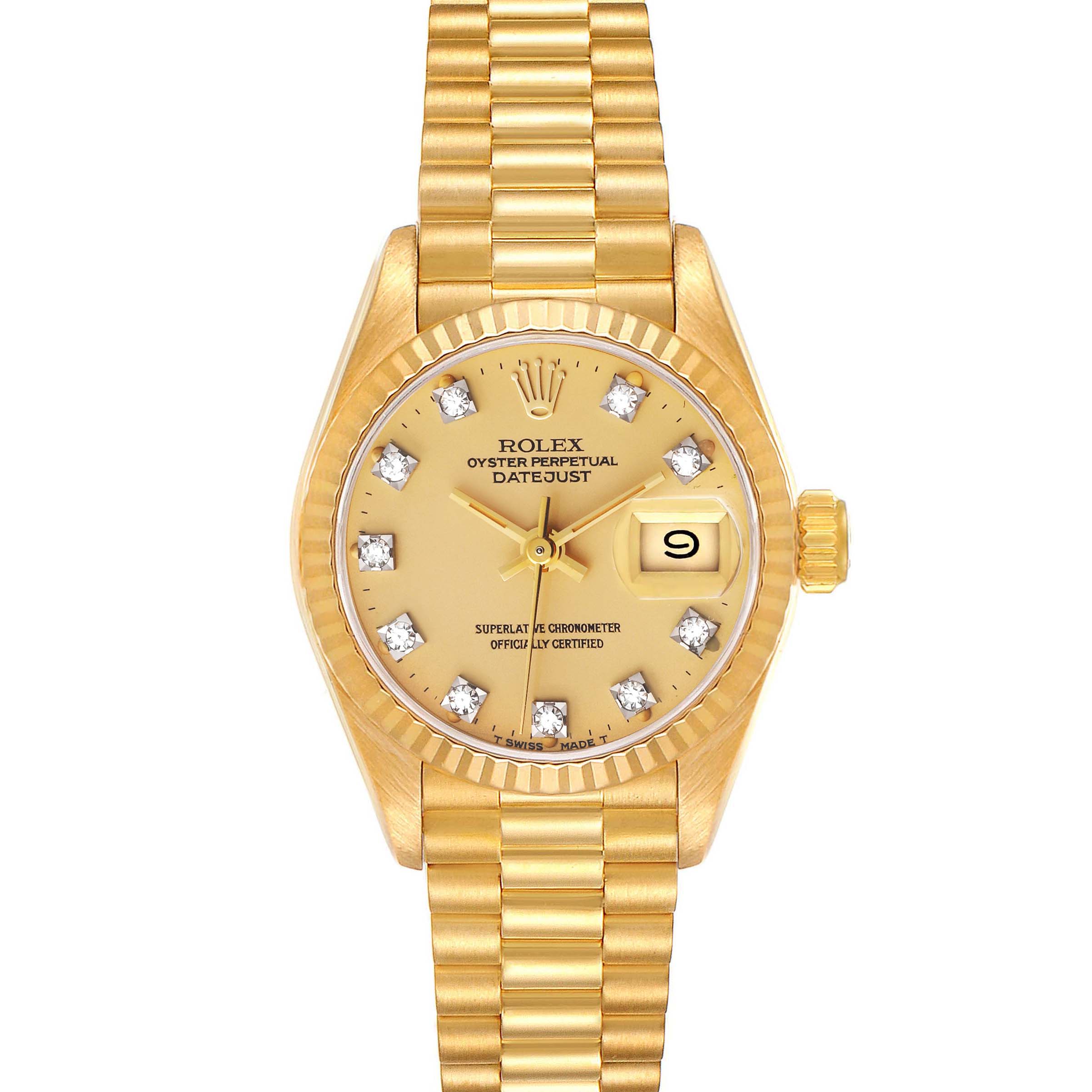 The image shows a gold Rolex President 69178 Women
s Yellow Gold Champagne Dial 69178 Women
s Yellow Gold Champagne Dial Datejust watch with a gold dial and diamond hour markers viewed from the front.