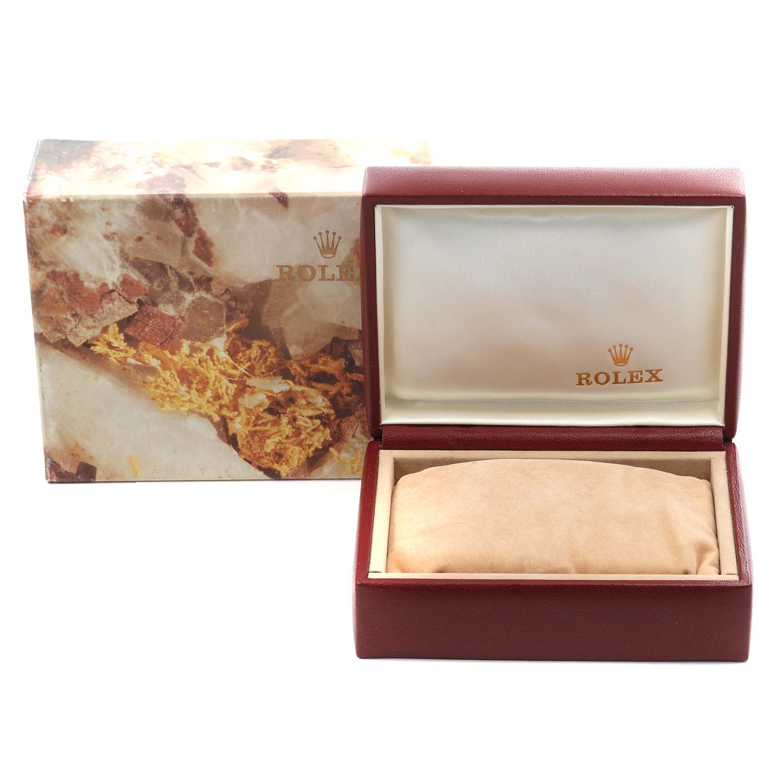 The image shows an open Rolex box for the President model, with an outer box in the background.