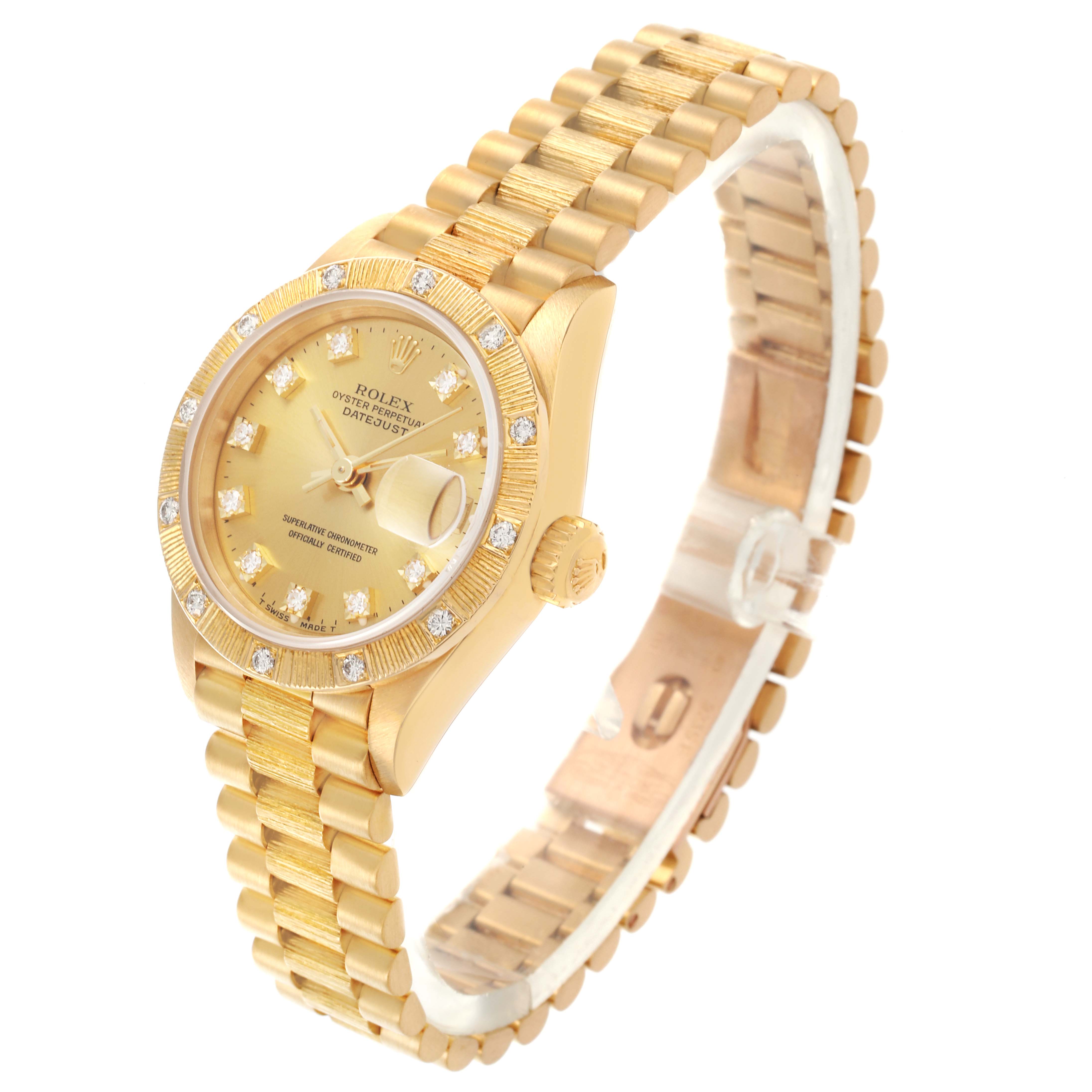 The Rolex President 69288 Women's Yellow Gold Champagne Dial 69288 Women's Yellow Gold Champagne Dial model is shown at a slight angle, highlighting its gold bracelet, diamond bezel, and dial.