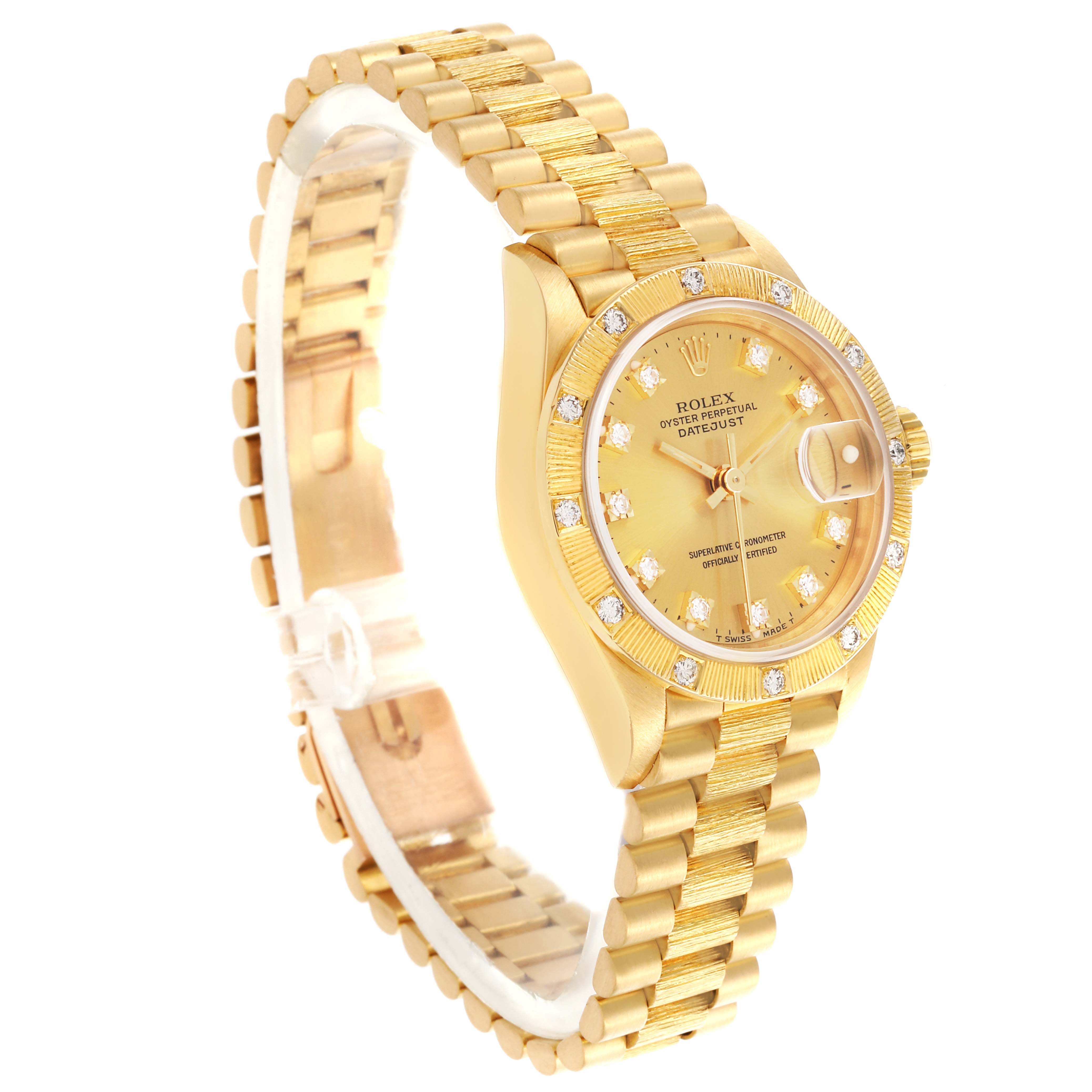 The Rolex President 69288 Women's Yellow Gold Champagne Dial 69288 Women's Yellow Gold Champagne Dial model watch is shown at an angled side view, displaying the face, bezel, case, and part of the bracelet.