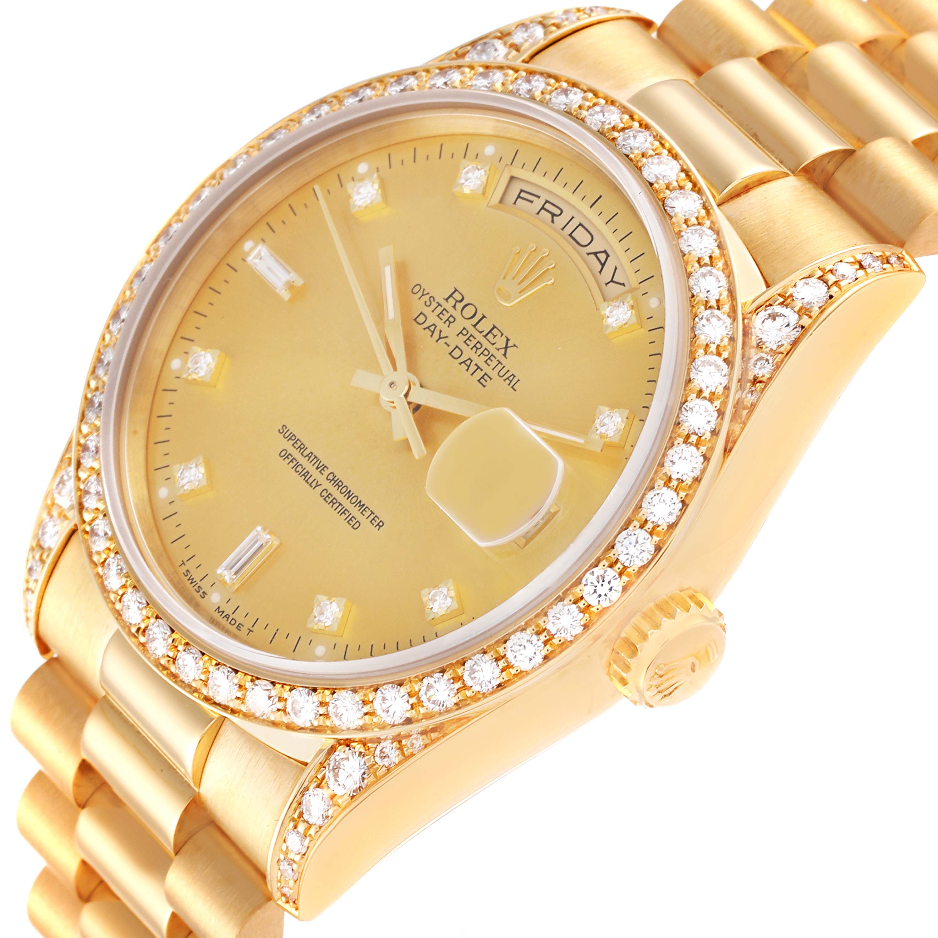 This image shows a close-up, angled view of the Rolex Oyster Perpetual Day-Date President model, highlighting its diamond bezel and bracelet.