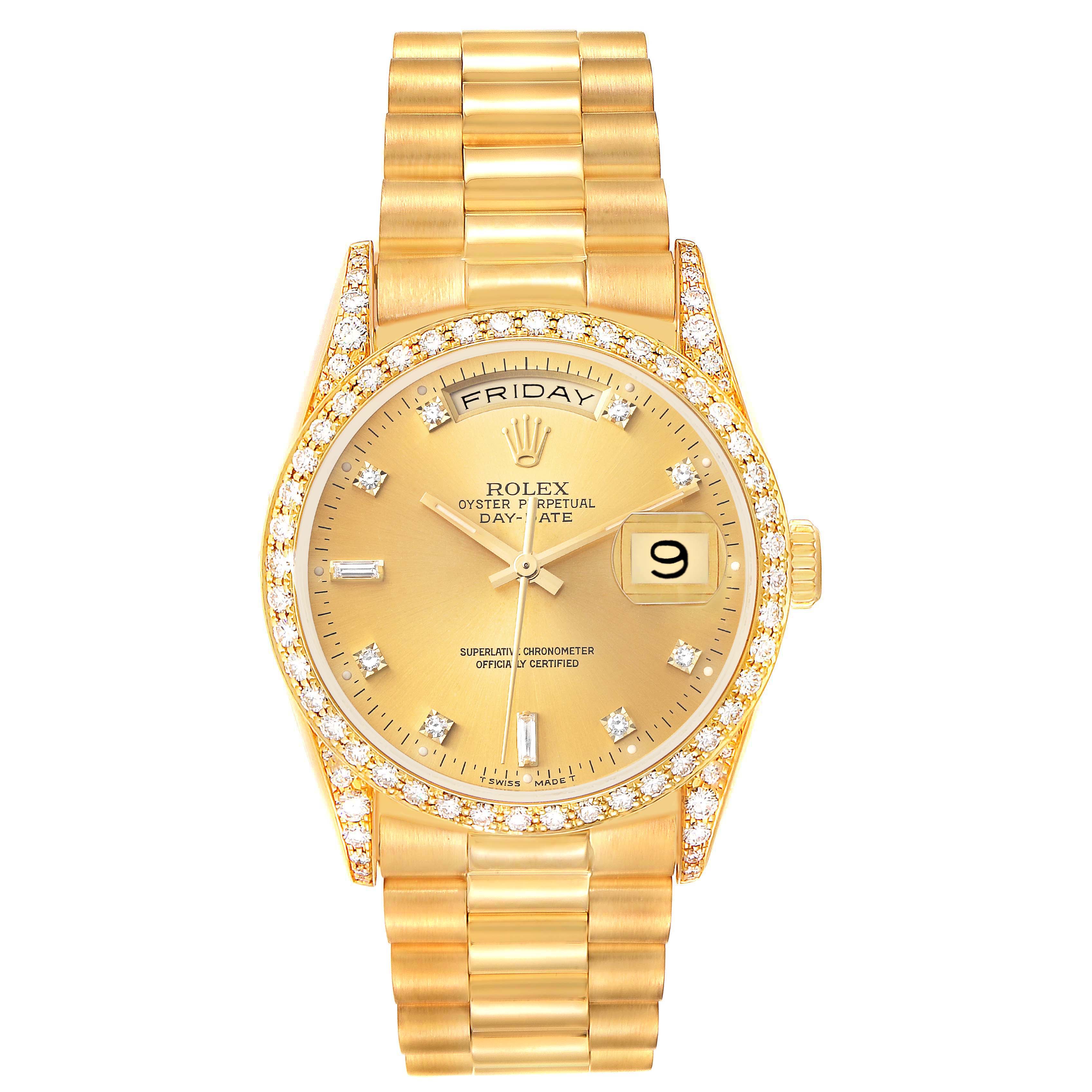 This image shows a Rolex President 18388 Men
s Yellow Gold Champagne Dial 18388 Men
s Yellow Gold Champagne Dial model watch viewed from the front, highlighting the face, bezel, and bracelet.