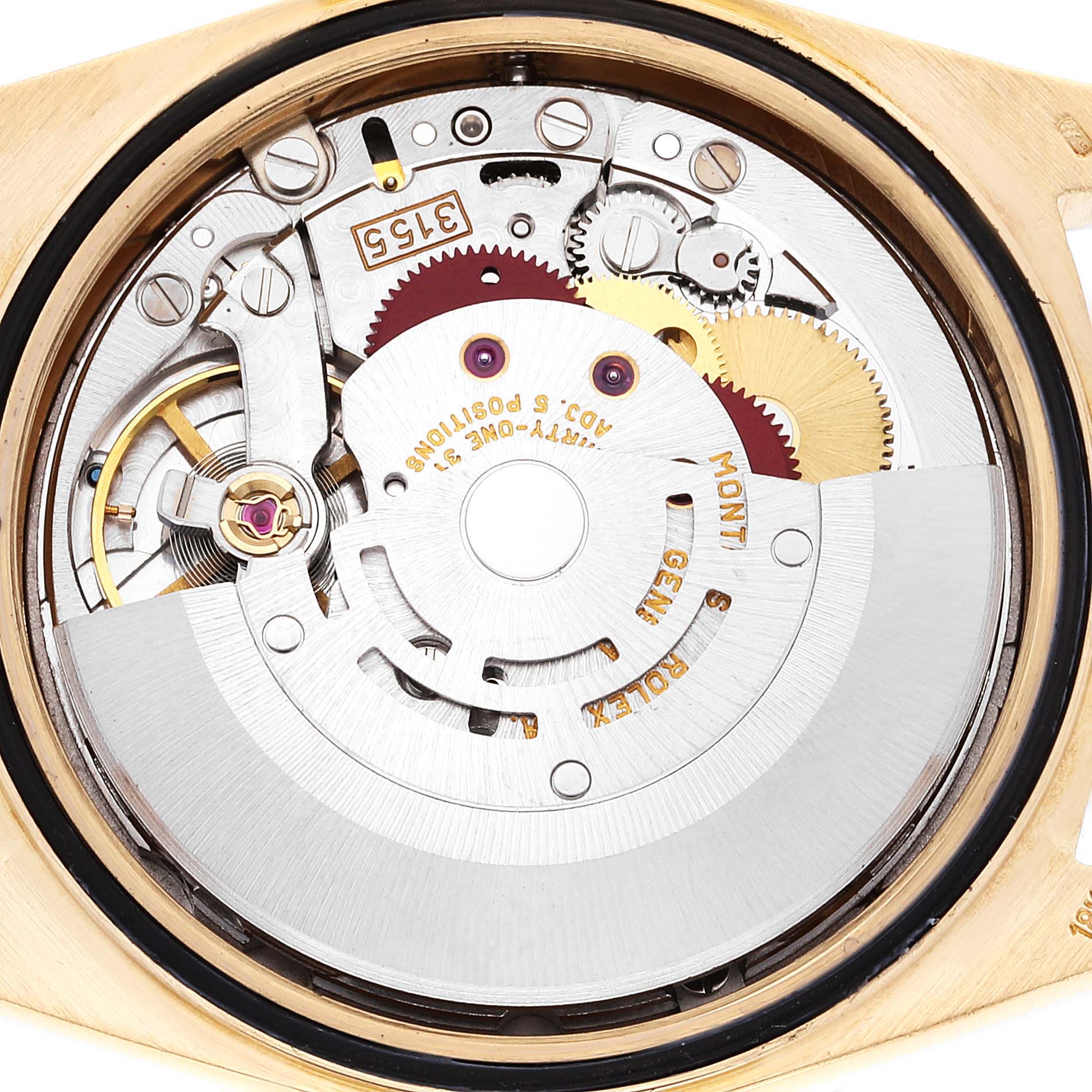 The image shows the internal mechanism of a Rolex President 18388 Men
s Yellow Gold Champagne Dial 18388 Men
s Yellow Gold Champagne Dial model watch, viewed from the back.