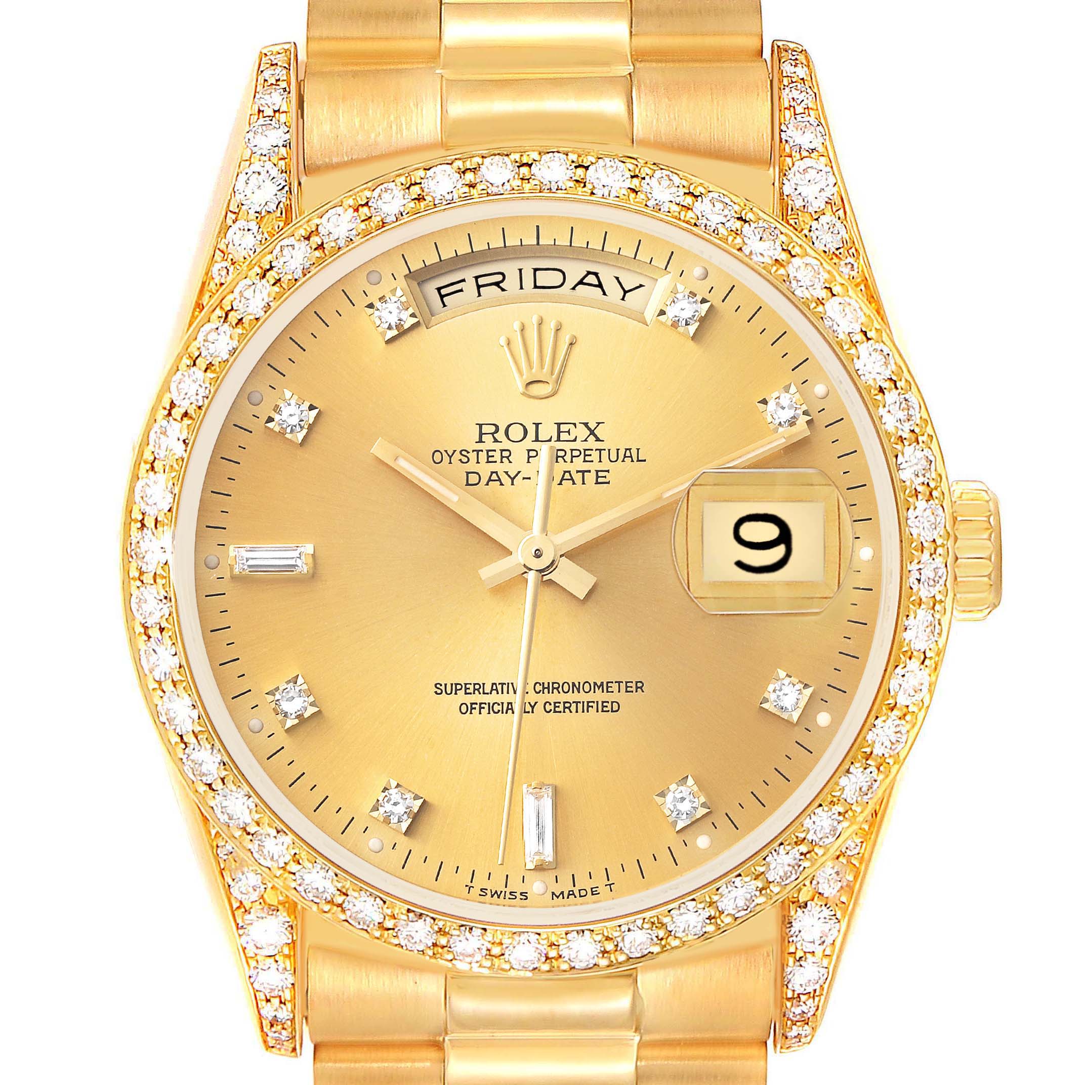 This is a top-down view of the Rolex President 18388 Men
s Yellow Gold Champagne Dial 18388 Men
s Yellow Gold Champagne Dial model, showcasing its gold dial, diamond-set bezel, and day-date display.