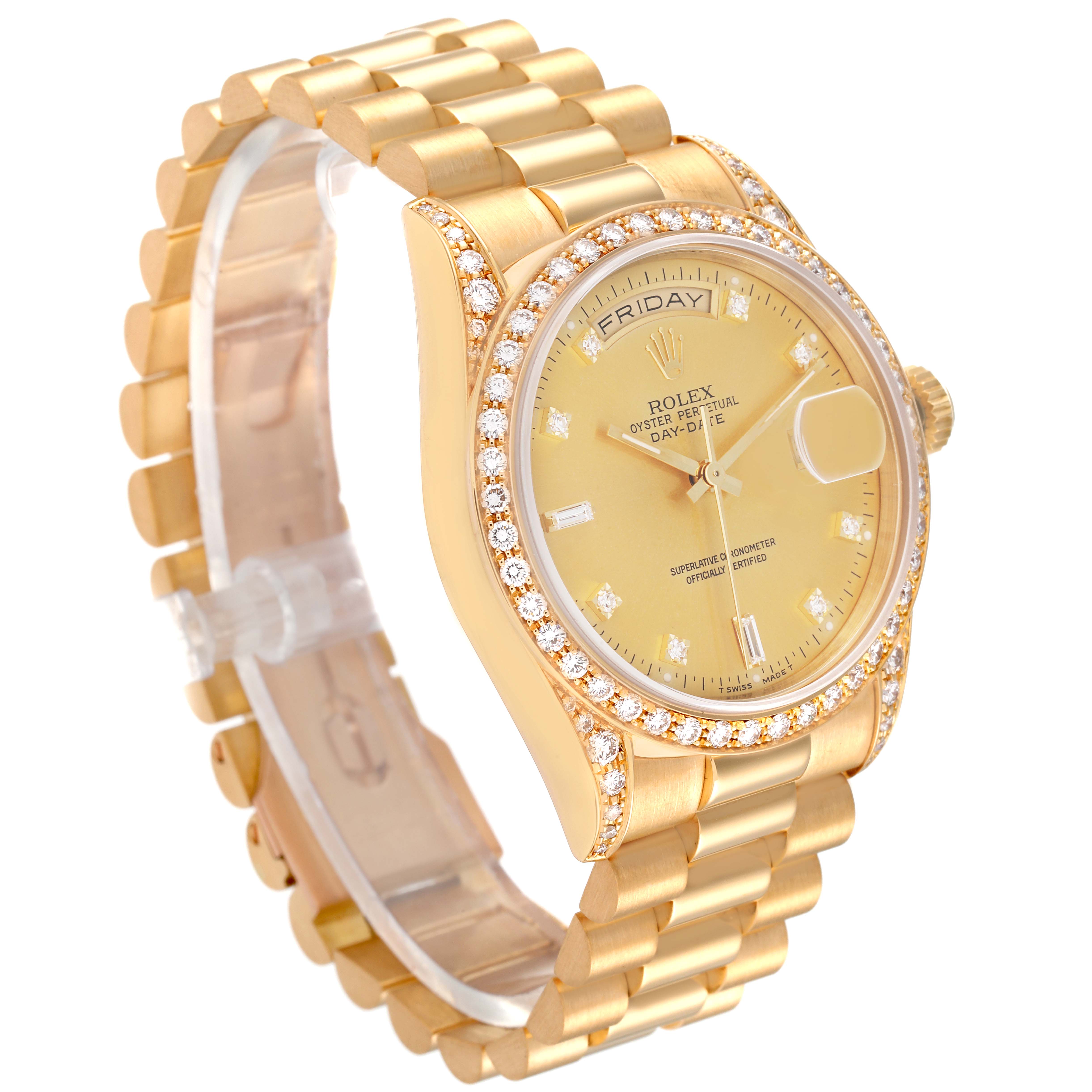 This image shows a Rolex President 18388 Men
s Yellow Gold Champagne Dial 18388 Men
s Yellow Gold Champagne Dial model watch at a three-quarter angle, highlighting the gold case, bracelet, and diamond bezel.