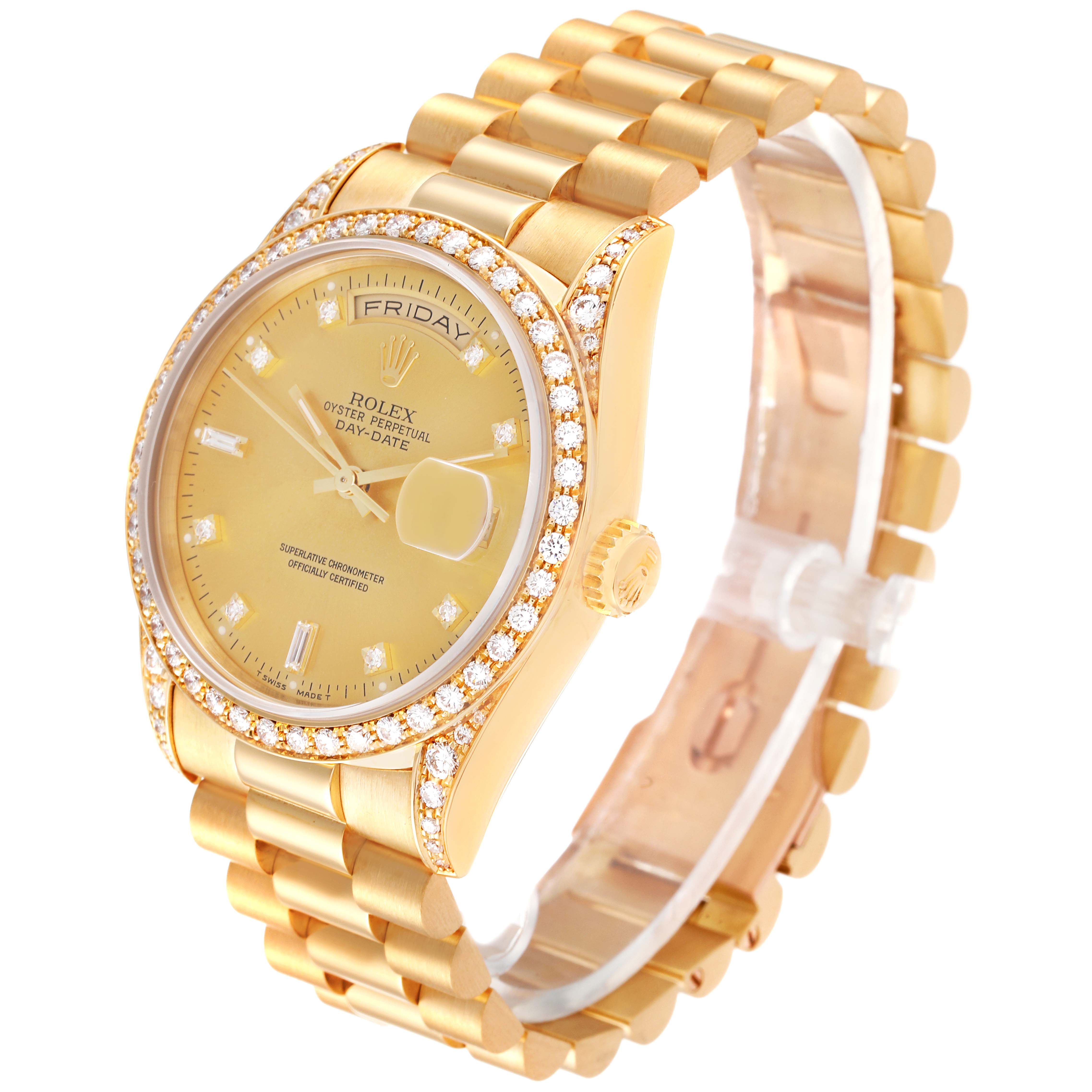 The image shows a side angle of the gold Rolex President 18388 Men
s Yellow Gold Champagne Dial 18388 Men
s Yellow Gold Champagne Dial Day-Date watch with a diamond-encrusted bezel and gold bracelet.