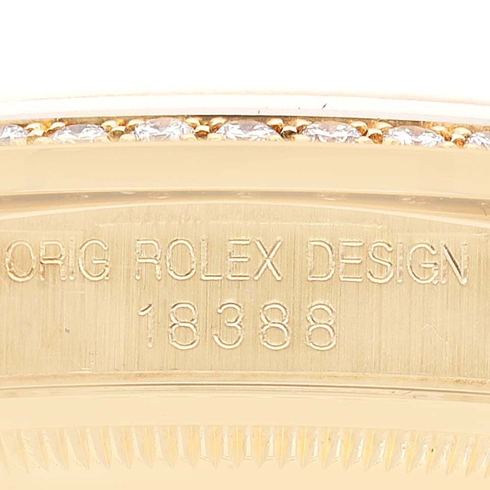 This close-up image shows the engraved side of the Rolex President 18388 Men
s Yellow Gold Champagne Dial 18388 Men
s Yellow Gold Champagne Dial model watch, highlighting the model number 18388.