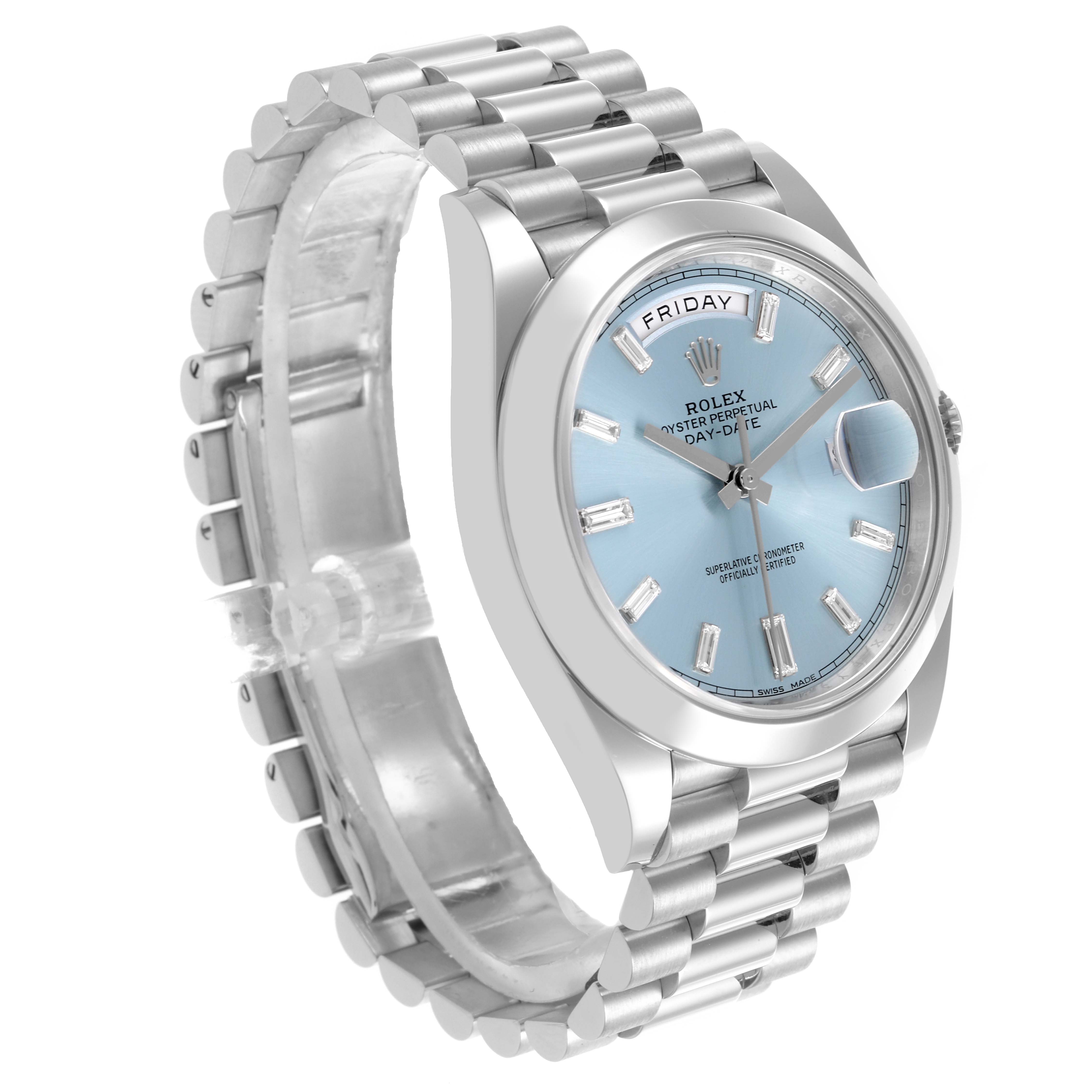 The Rolex President 228206 Men's Platinum Blue Dial 228206 Men's Platinum Blue Dial model is shown at an angle highlighting its face, bracelet, and side.