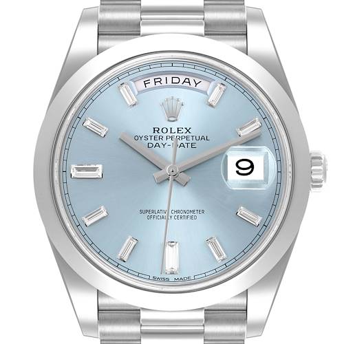 The Rolex President model is shown from the front, displaying the face, bracelet, day, and date features.