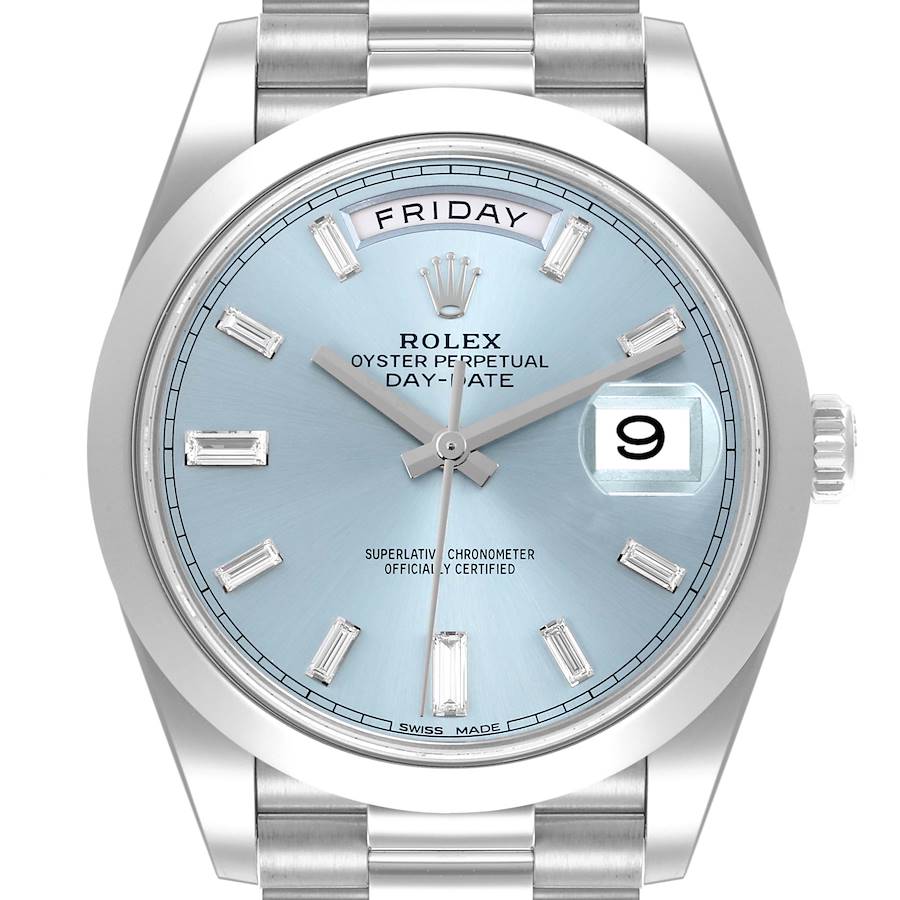 Rolex President Day-Date 40 Blue Diamond Dial Platinum Watch 228206 Box Card SwissWatchExpo