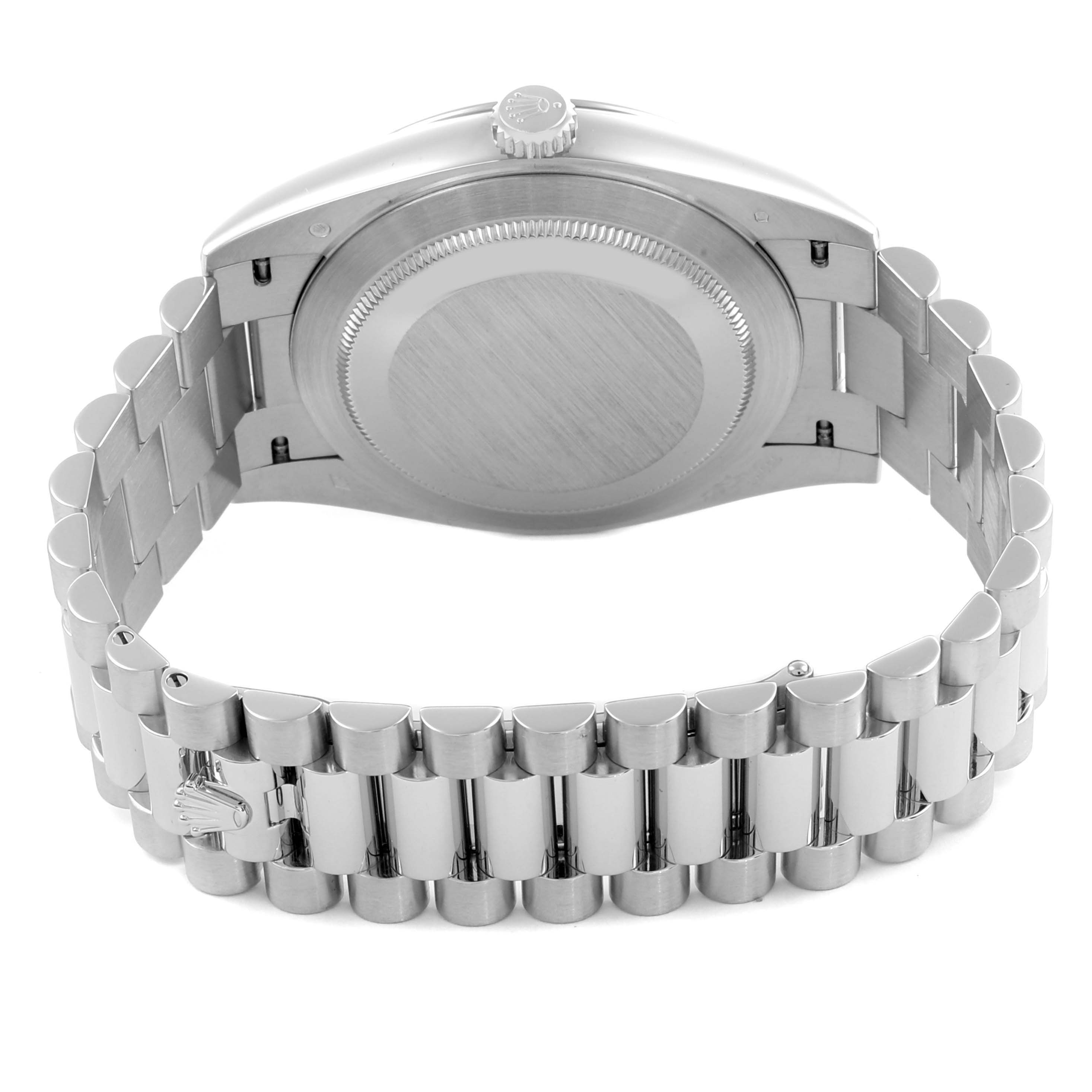 The Rolex President 228206 Men's Platinum Blue Dial 228206 Men's Platinum Blue Dial watch is shown from the back, displaying the case back and bracelet.