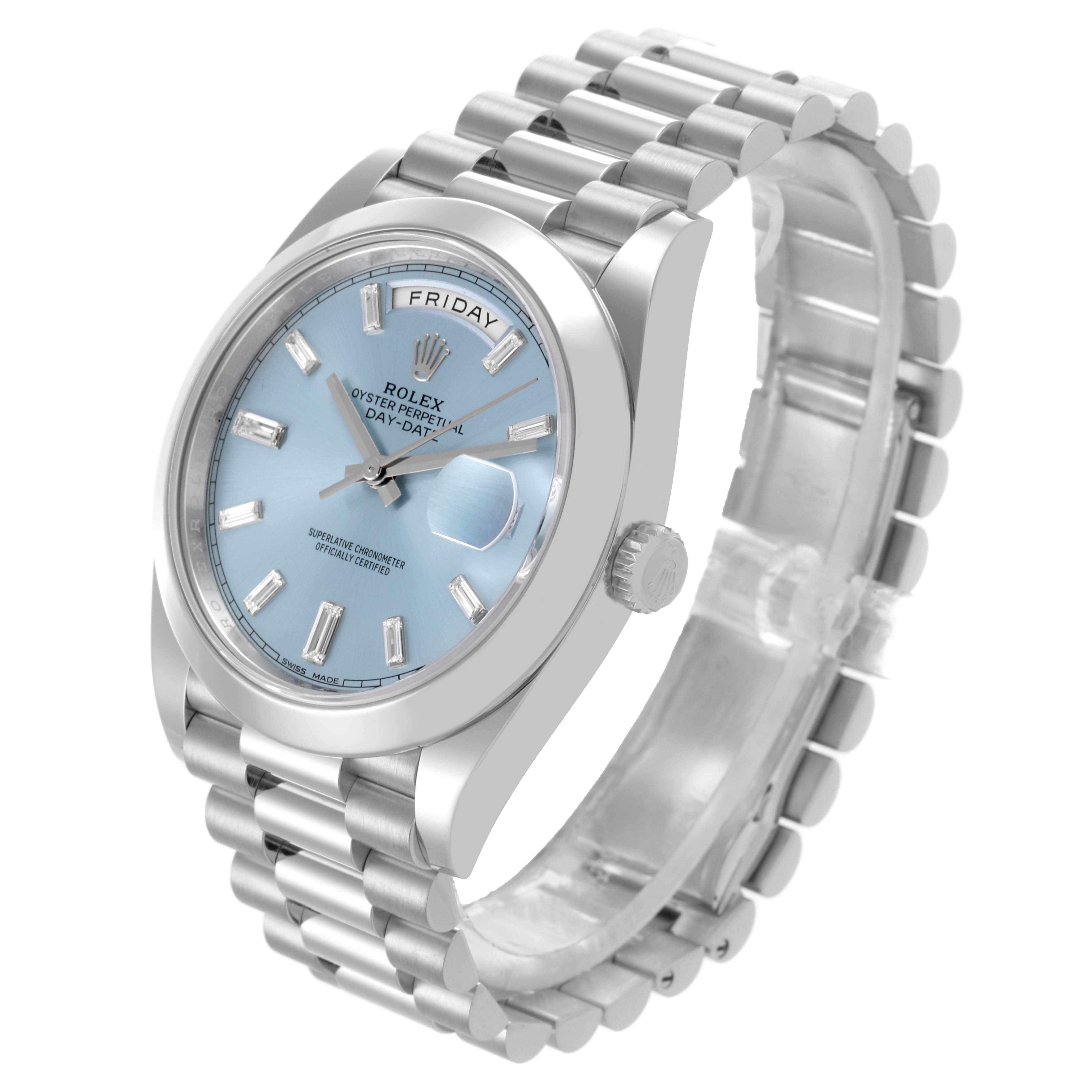 The Rolex President 228206 Men's Platinum Blue Dial 228206 Men's Platinum Blue Dial model watch is shown at a three-quarter angle, highlighting the face, crown, and bracelet.