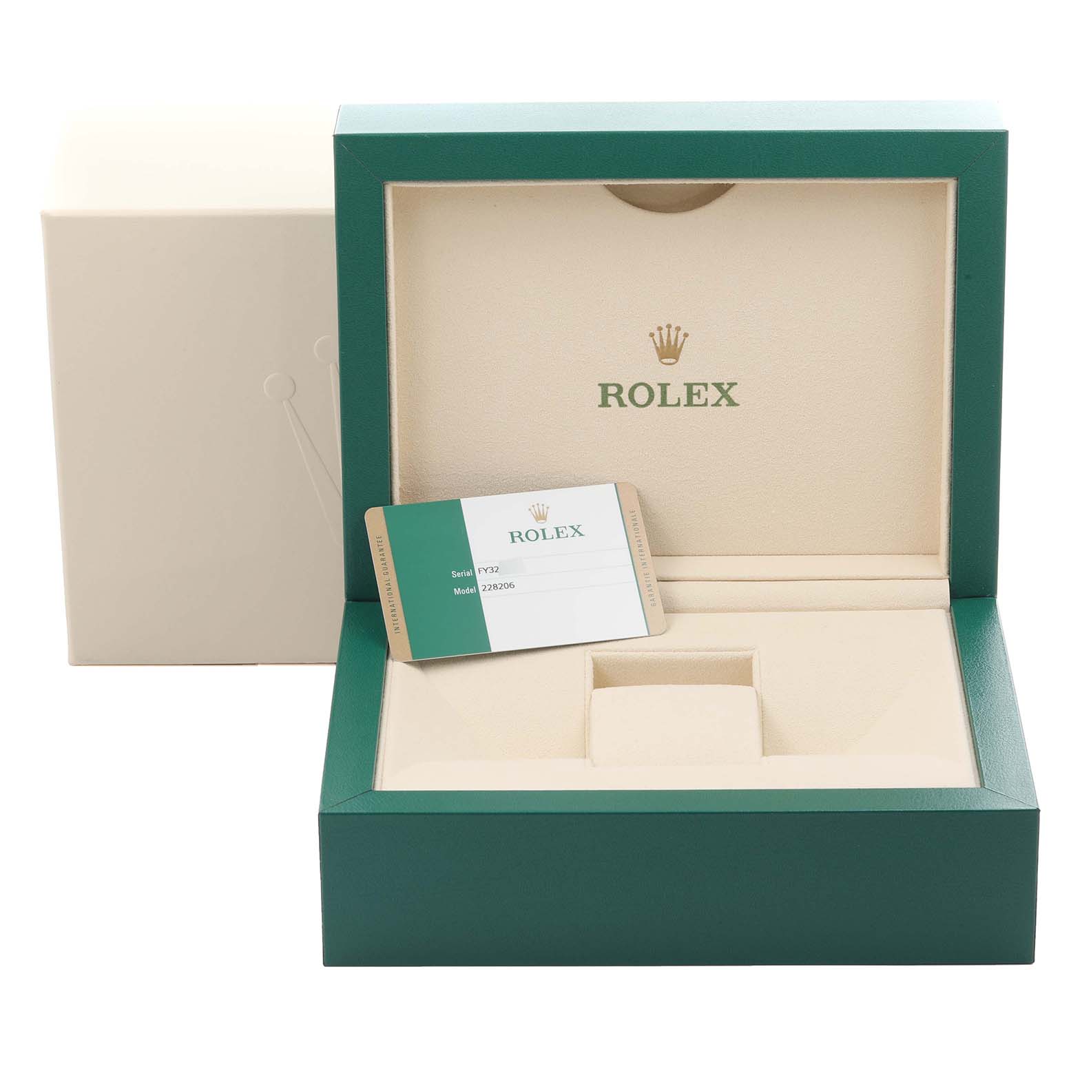The image shows a Rolex President 228206 Men's Platinum Blue Dial 228206 Men's Platinum Blue Dial model watch box open, with no watch visible, and an authentication card.