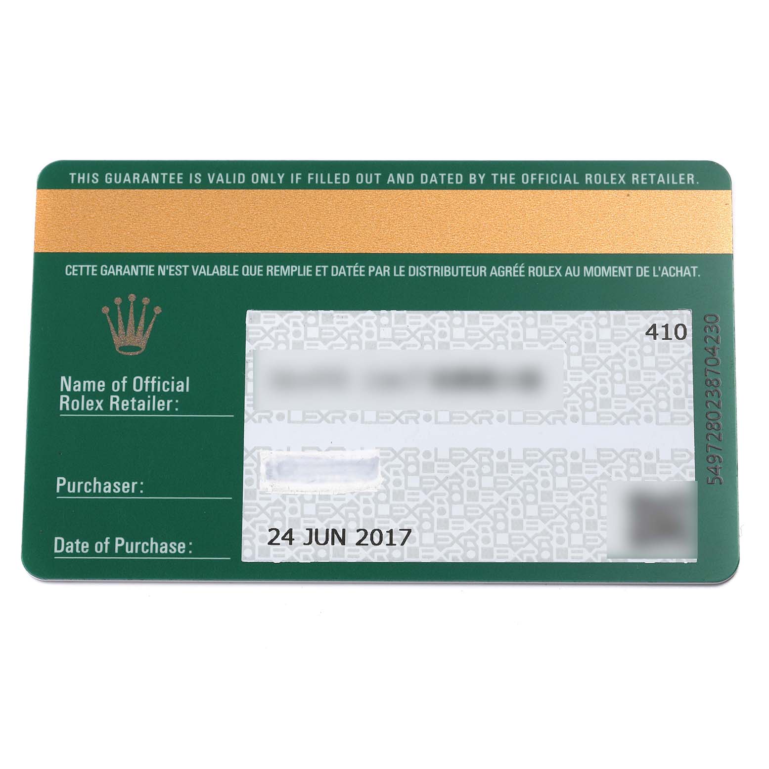 The image shows the warranty card for a Rolex President 228206 Men's Platinum Blue Dial 228206 Men's Platinum Blue Dial model's watch, displaying purchase details.